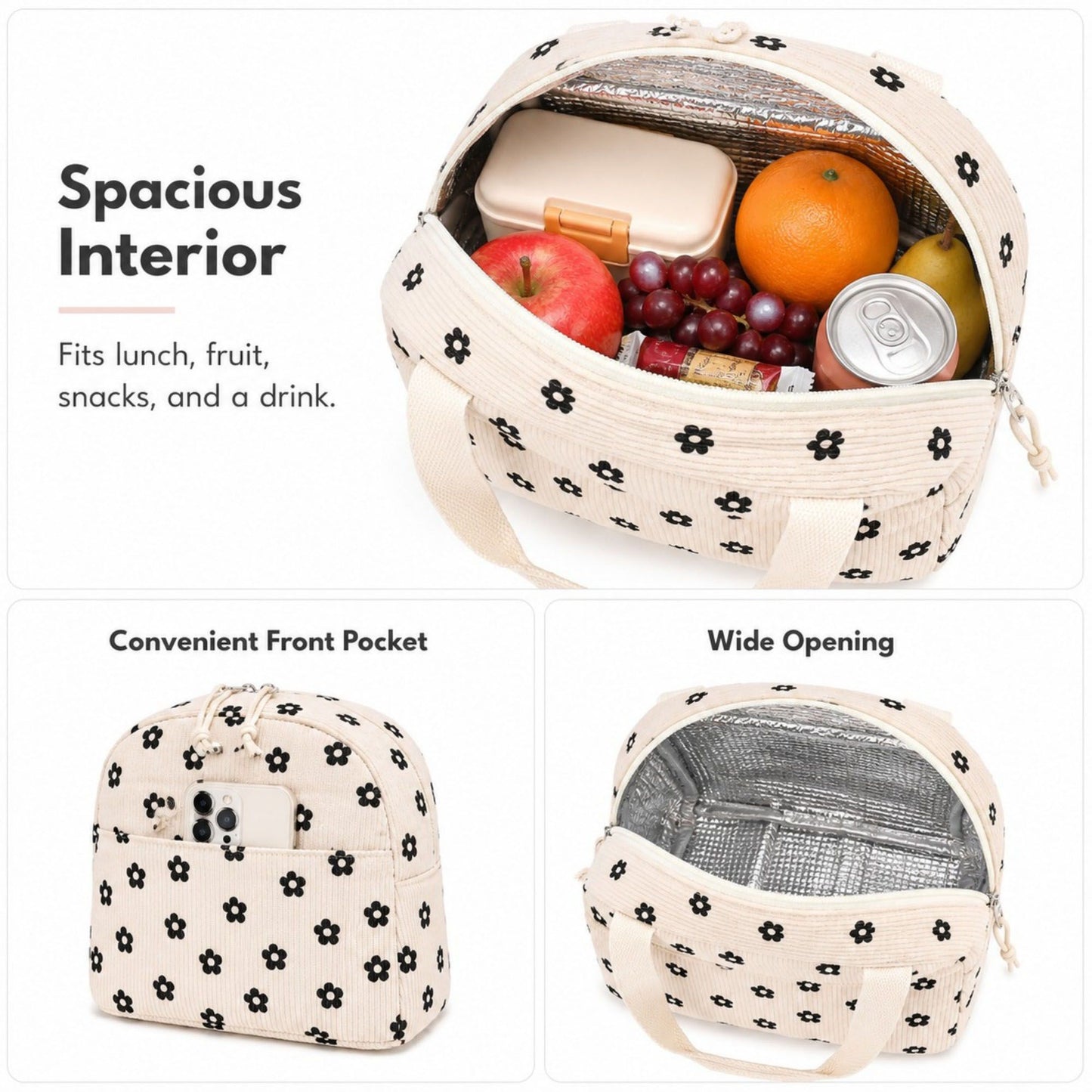 Strawberry Print Corduroy Insulated Lunch Bag with Handles and Zip Closure