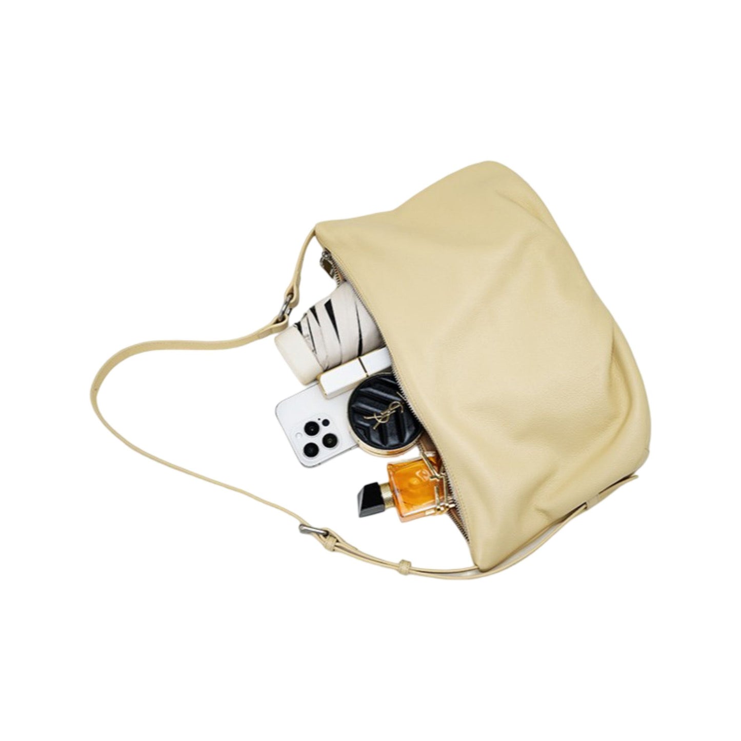 Slouchy Leather Shoulder Bag with Adjustable Strap Soft Crescent Silhouette and Zip Closure