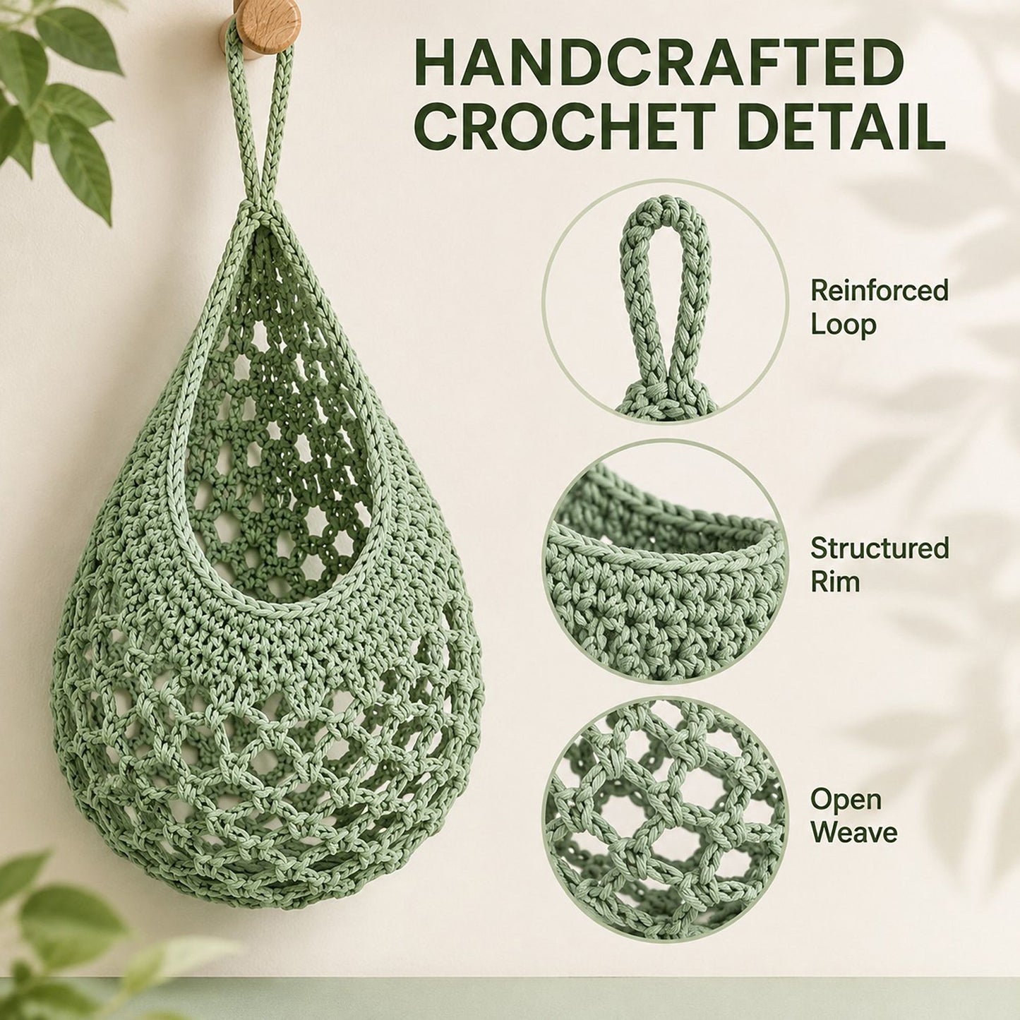 3pc Crochet Hanging Storage Basket Set Small Medium Large Wall Organizer Bins