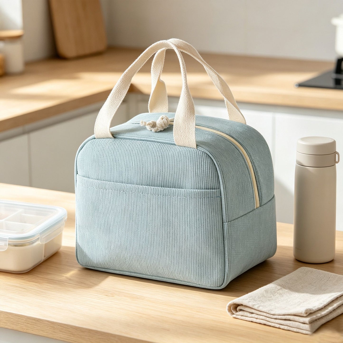 Insulated Corduroy Lunch Bag with Front Pocket