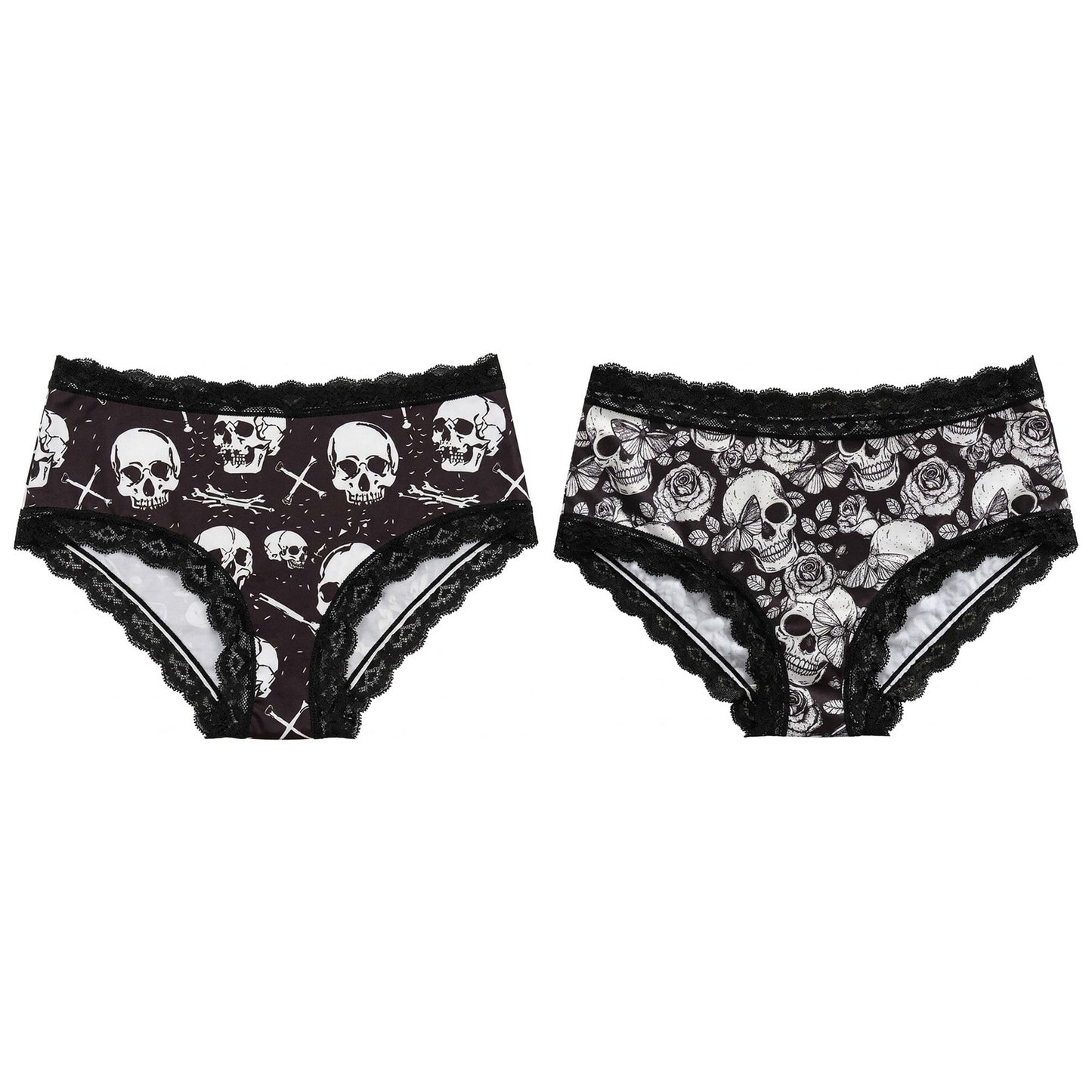 2 Pack Skull Print Lace Trim Hipster Underwear
