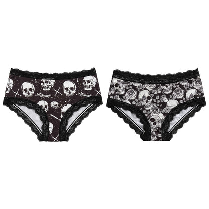 2 Pack Skull Print Lace Trim Hipster Underwear