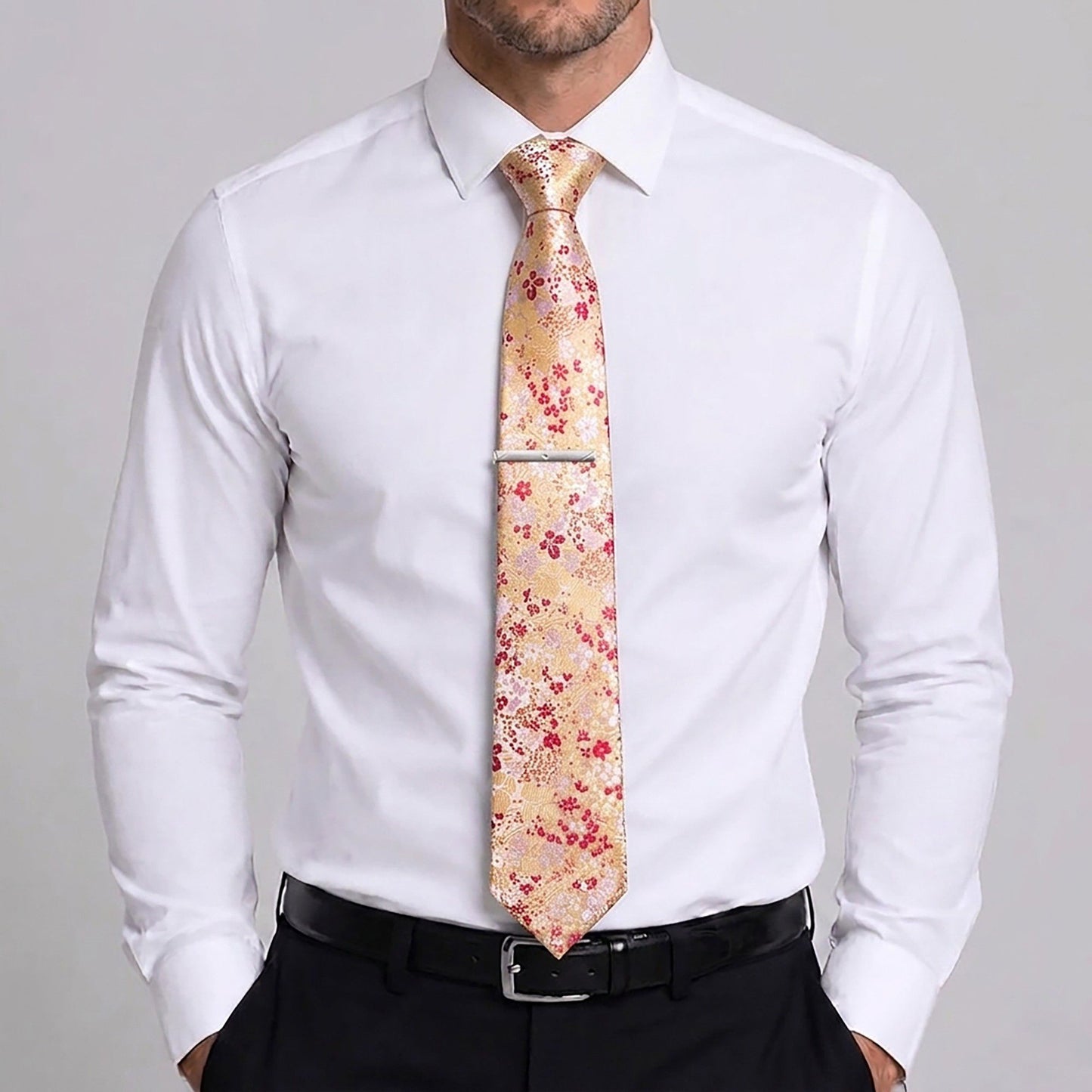 Men's Paisley Floral Tie Gift Set with Matching Pocket Square Cufflinks and Silver Tie Clip