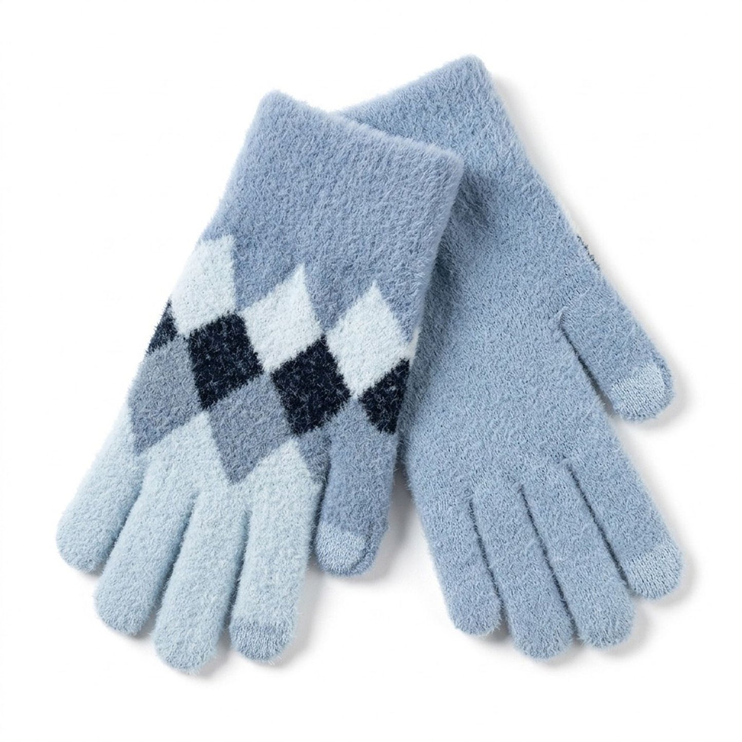 Fuzzy Argyle Touchscreen Gloves for Cold Weather