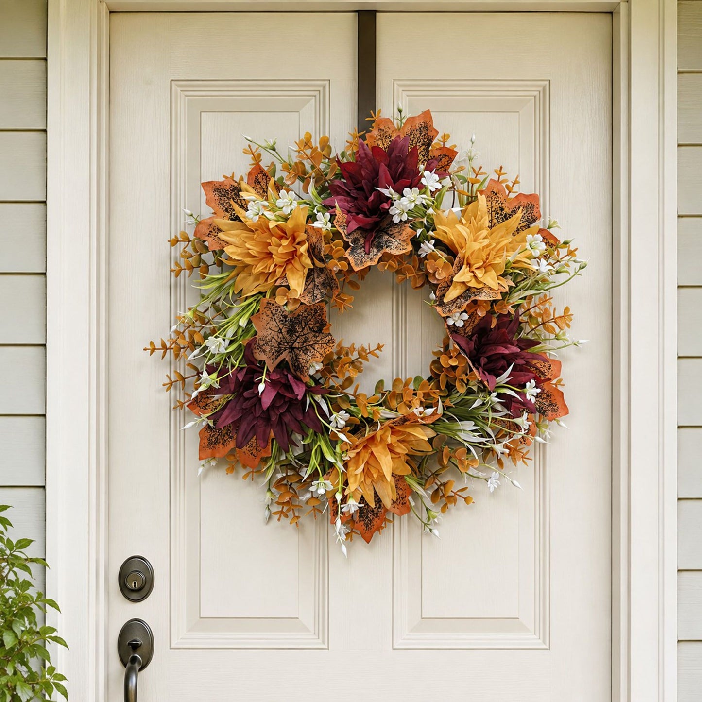 Fall Pumpkin Floral Wreath with Maple Leaves for Front Door Decor