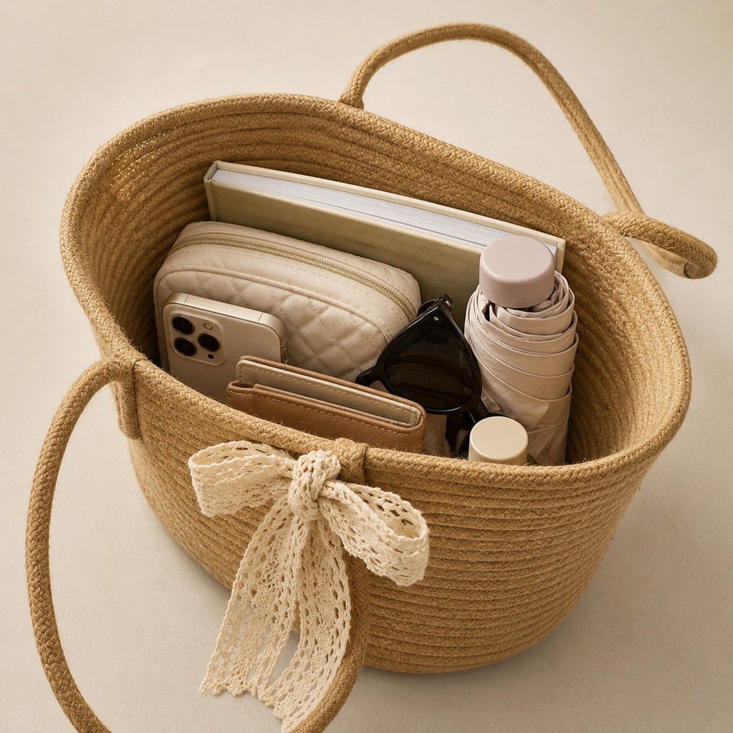 Woven Straw Style Tote Bag Large Capacity Shoulder Bag with Lace Bow Detail