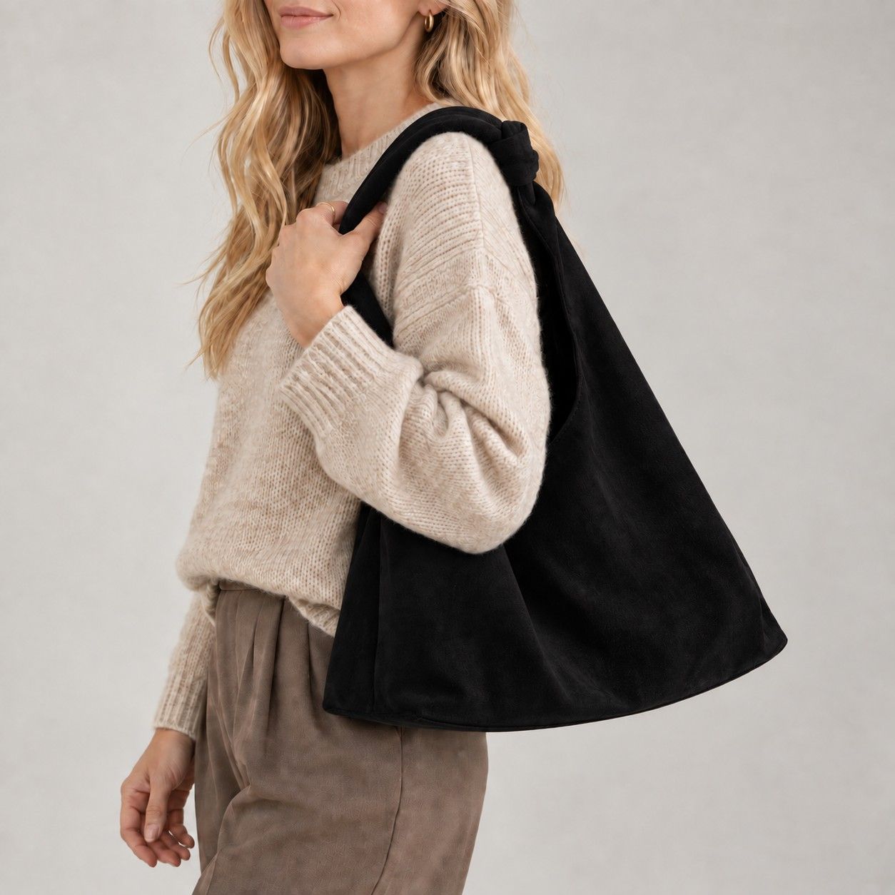 Large Suede Look Hobo Shoulder Bag with Knotted Strap and Magnetic Closure