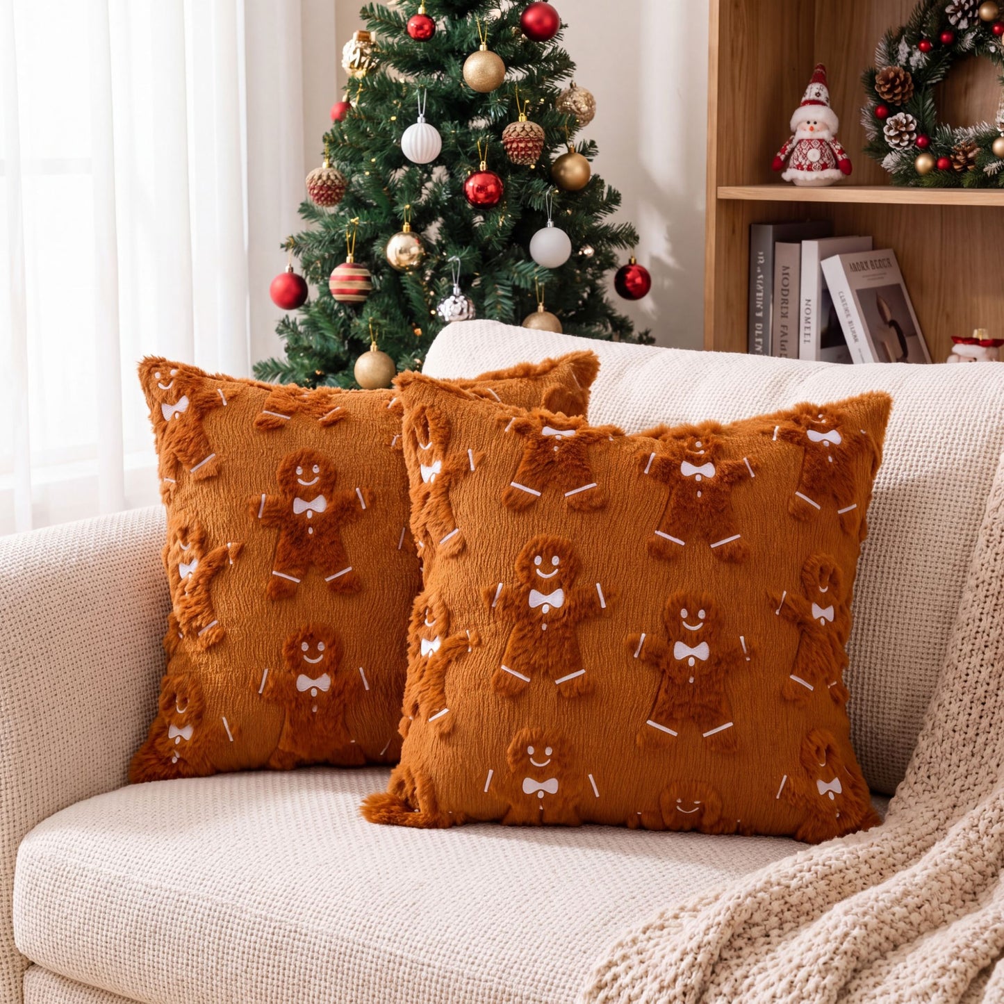 Christmas Gingerbread Man Throw Pillow Cover Textured Decorative Cushion Case for Sofa Bed