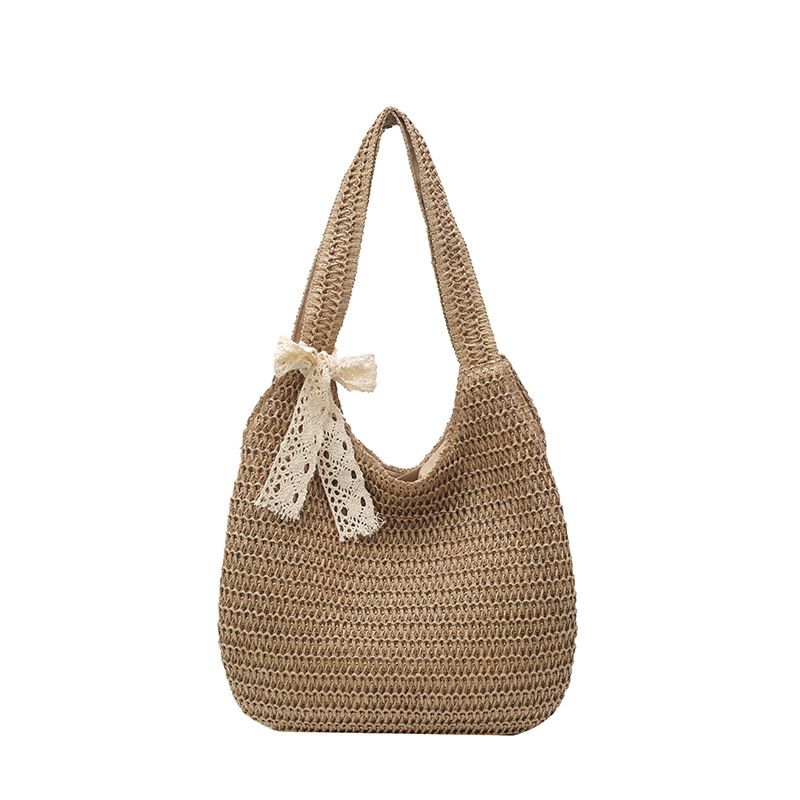 Women's Crochet Woven Hobo Shoulder Bag with Lace Bow Accent and Lined Interior