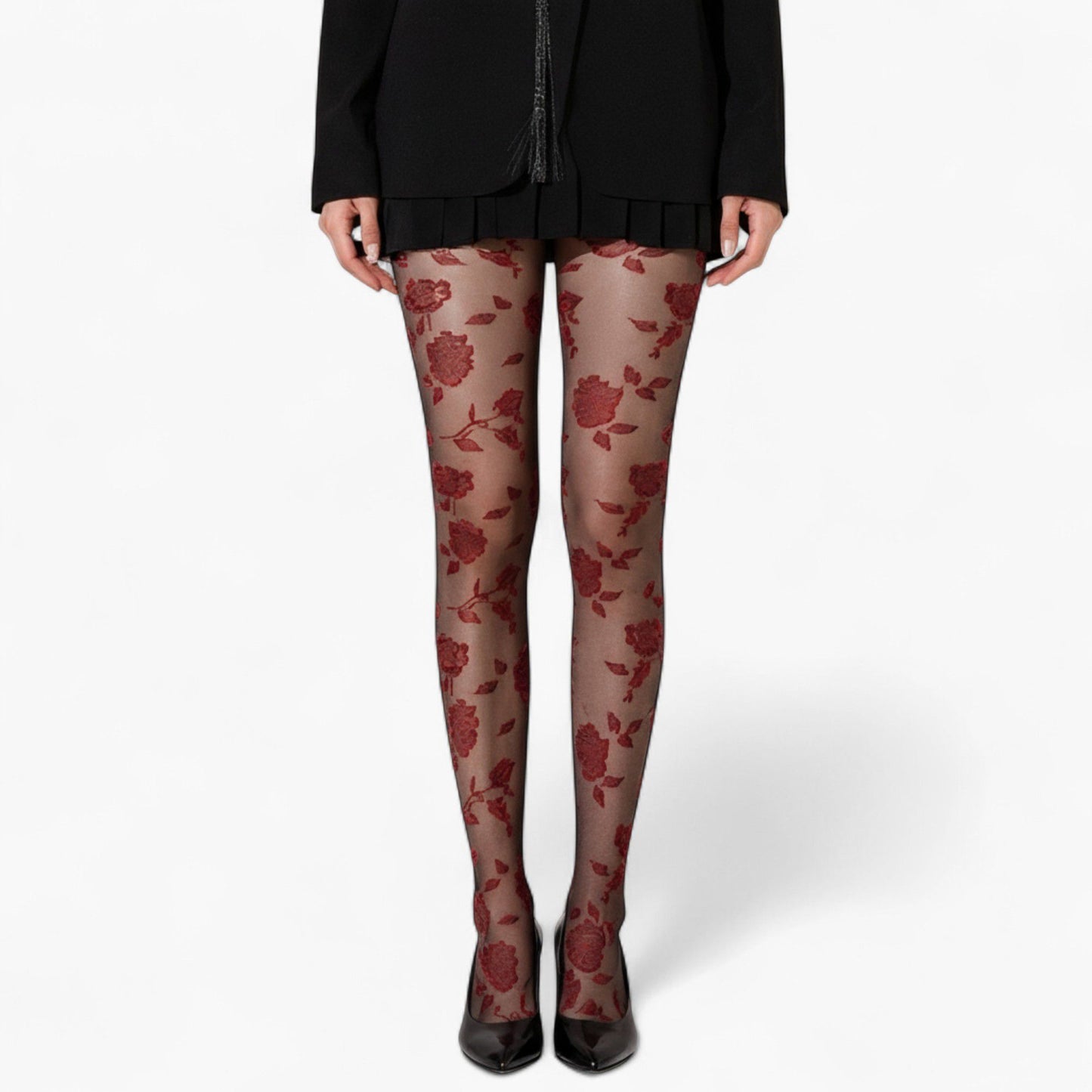Sheer Floral Pattern Tights with Bold Rose Motif and Stretch Mesh Design