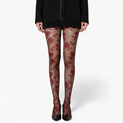 Sheer Floral Pattern Tights with Bold Rose Motif and Stretch Mesh Design