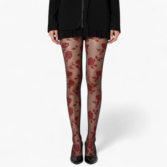 Sheer Floral Pattern Tights with Bold Rose Motif and Stretch Mesh Design