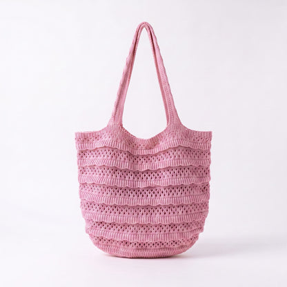 Crochet Knit Tote Bag with Openwork Ruffle Design and Long Handles