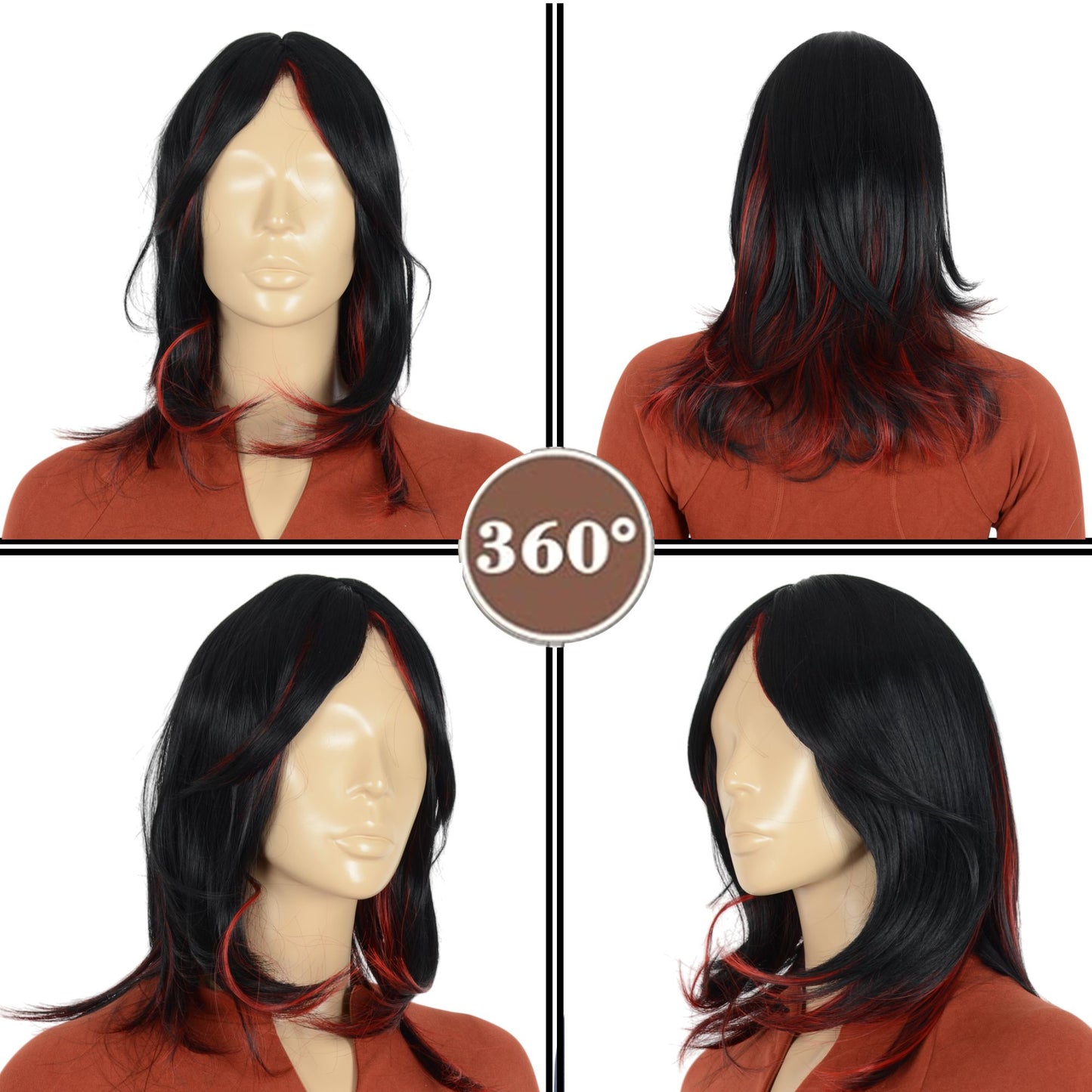 Women's Long Layered Straight Wig Synthetic Hair Fiber with Layered Bangs and Natural Highlights