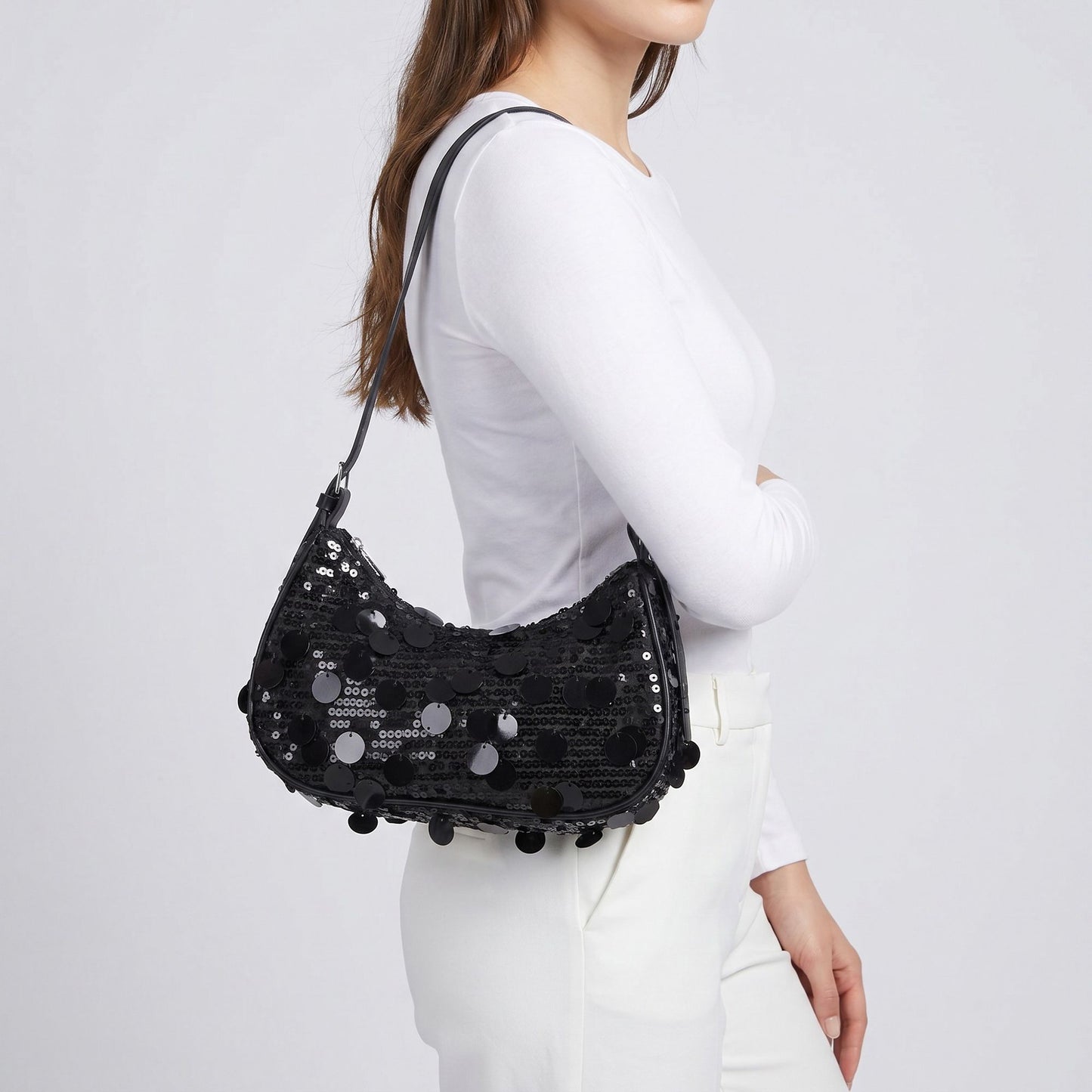 Sequin Crescent Shoulder Bag with Disc Paillette Details and Slim Strap