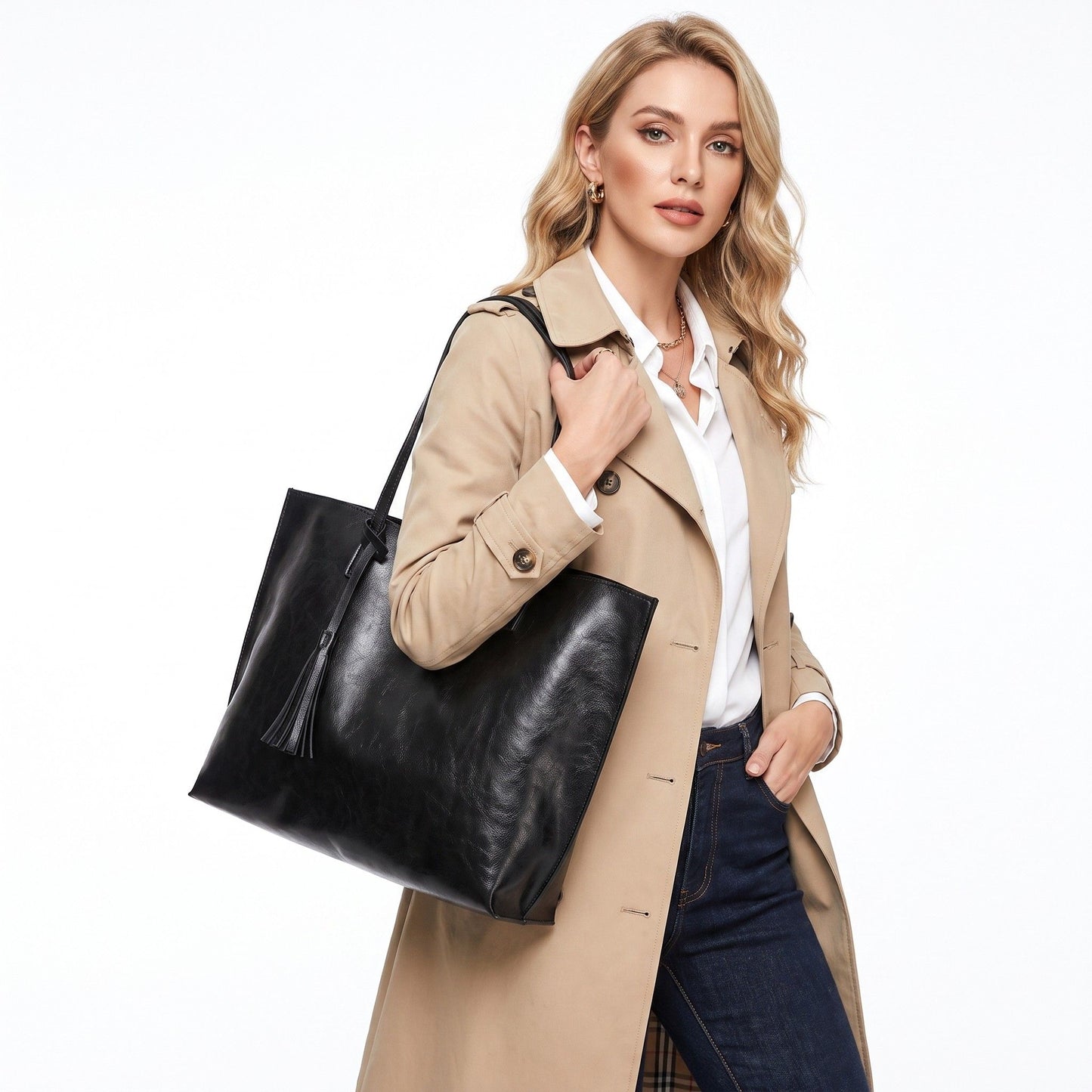 Large Faux Leather Shoulder Tote Bag with Tassel and Magnetic Snap Closure