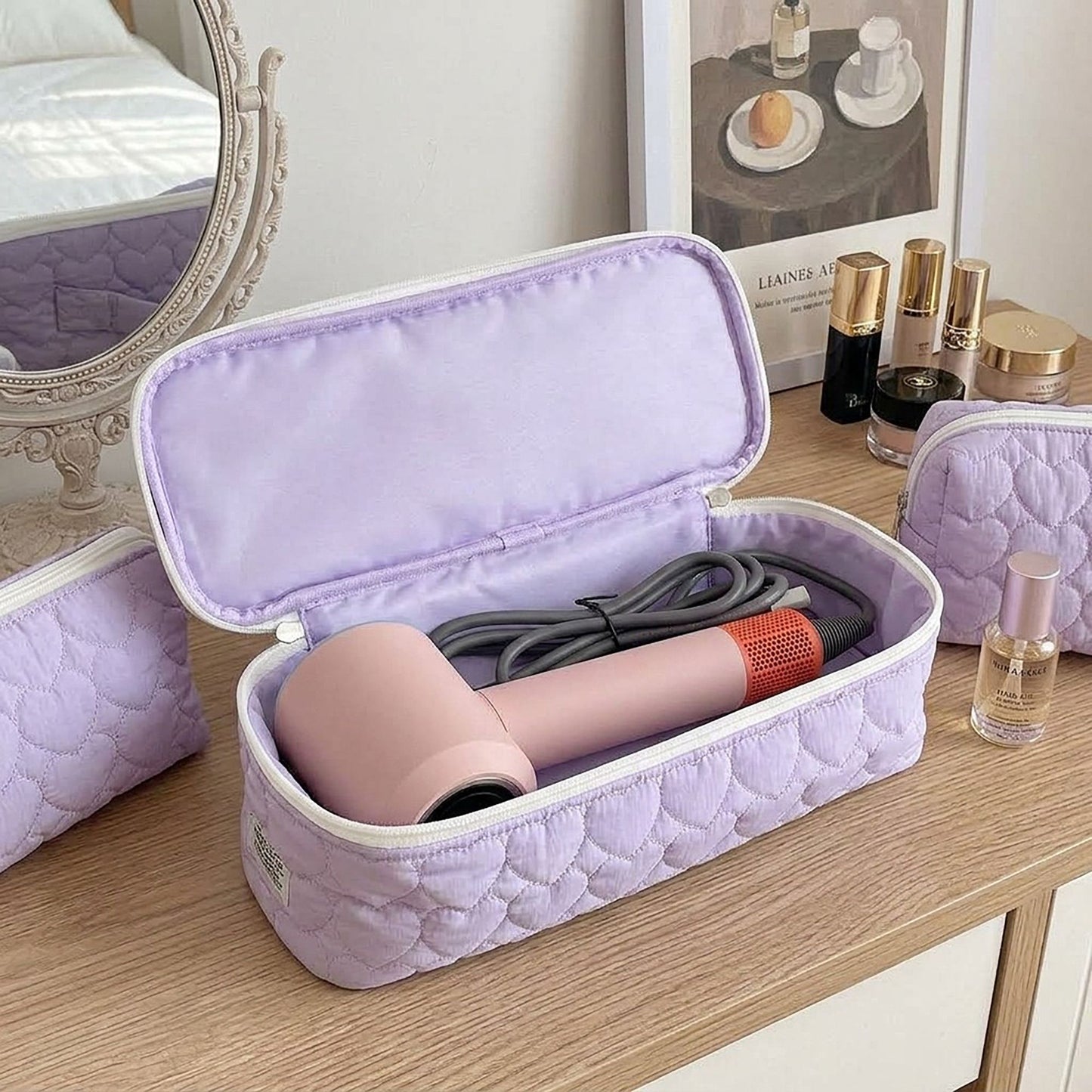 Heart Quilted Travel Makeup Bag with Carry Handle