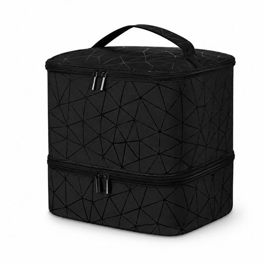 Two-Tier Cosmetic Organizer Bag with Geometric Print Dual Zippers Carry Handle and Interior Pockets