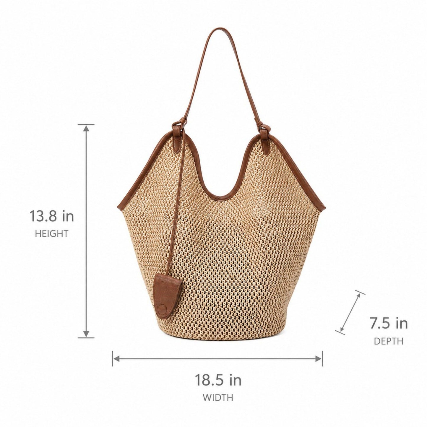 Woven Straw Style Tote Bag Large Capacity Shoulder Bag with Faux Leather Trim