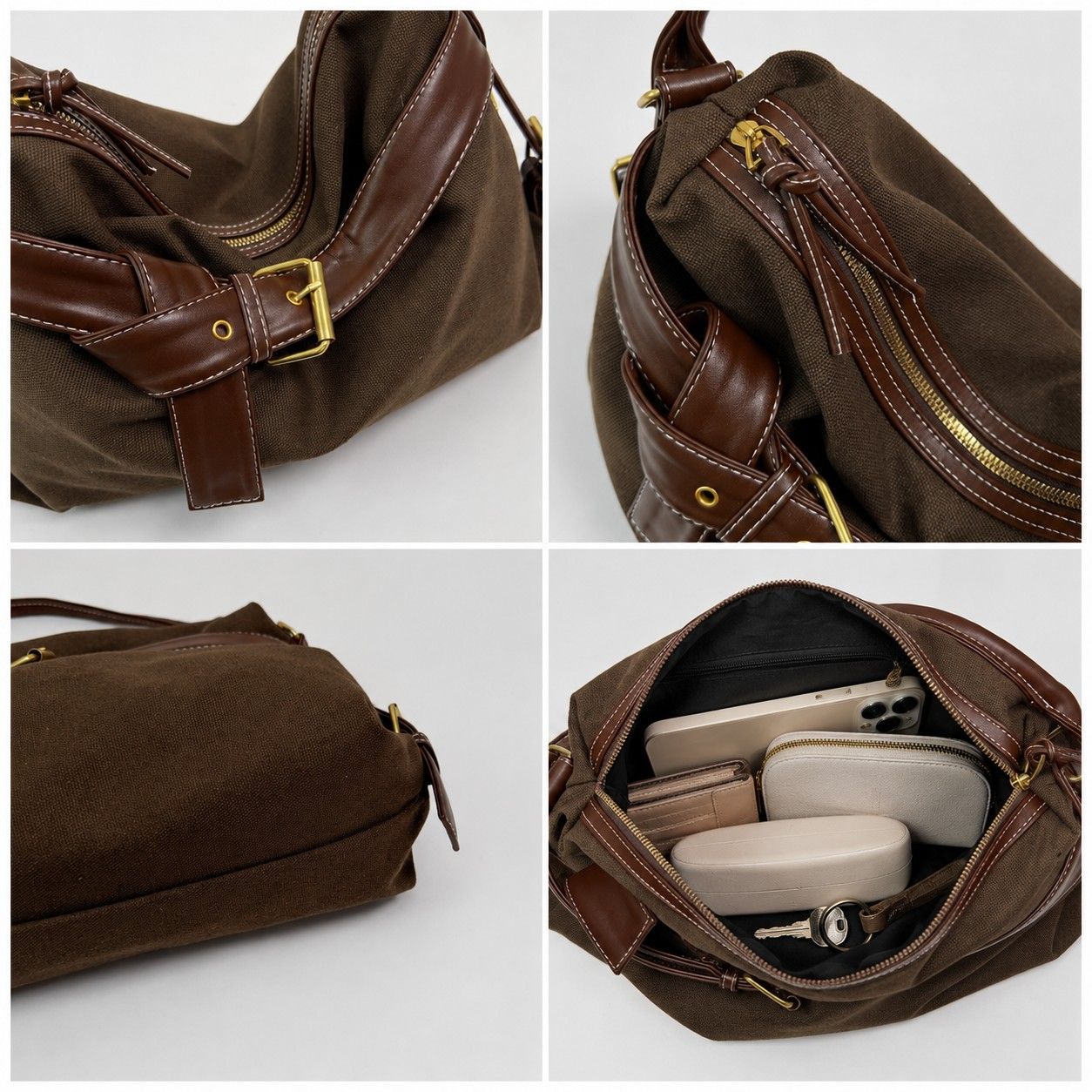 Slouchy Shoulder Hobo Bag with Adjustable Strap Buckle Detail and Inner Zip Pocket