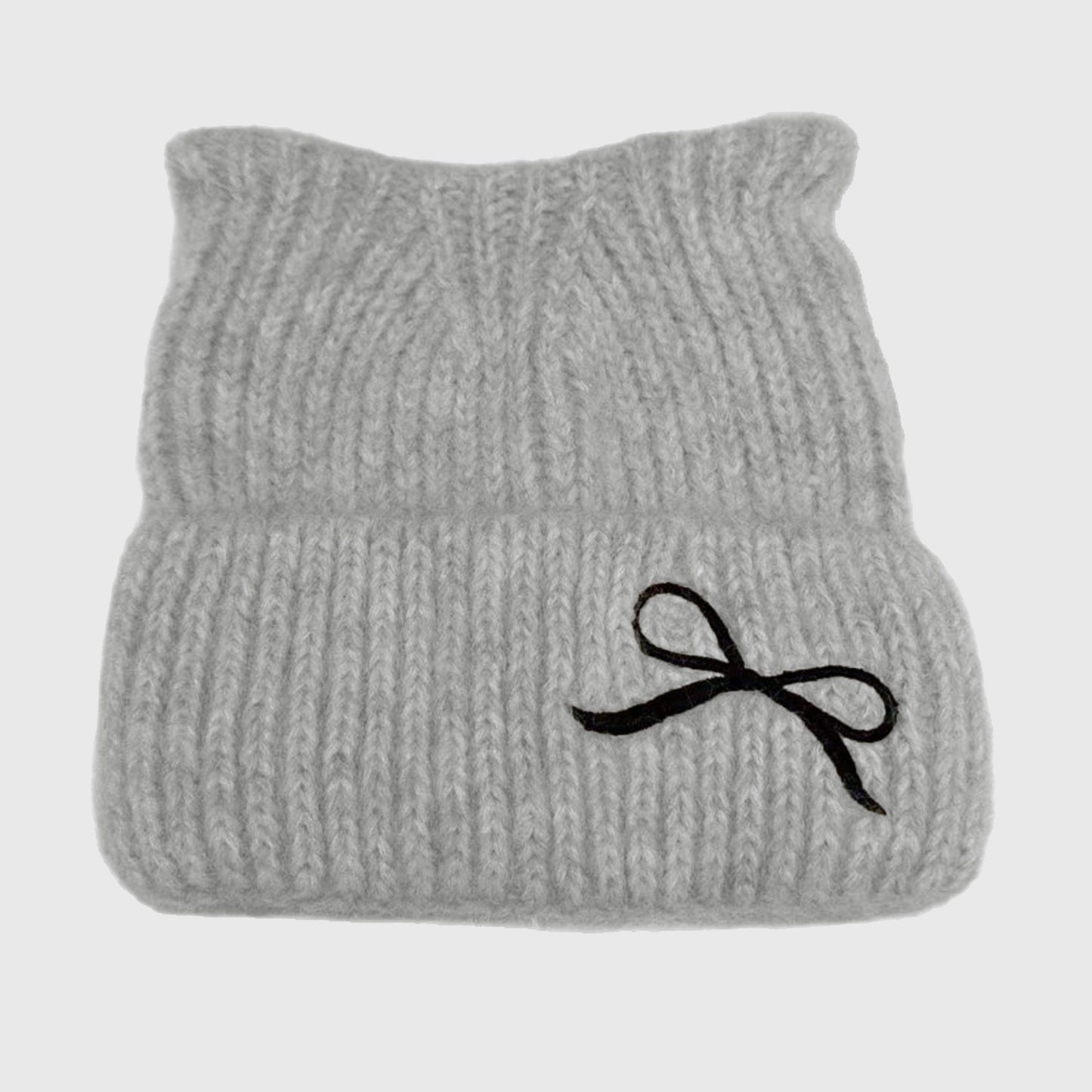 Cat Ear Knit Beanie - Fluffy Faux Fur Hat with Bow Embroidery