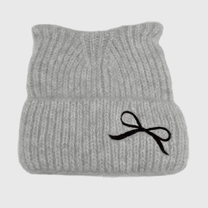 Cat Ear Knit Beanie - Fluffy Faux Fur Hat with Bow Embroidery