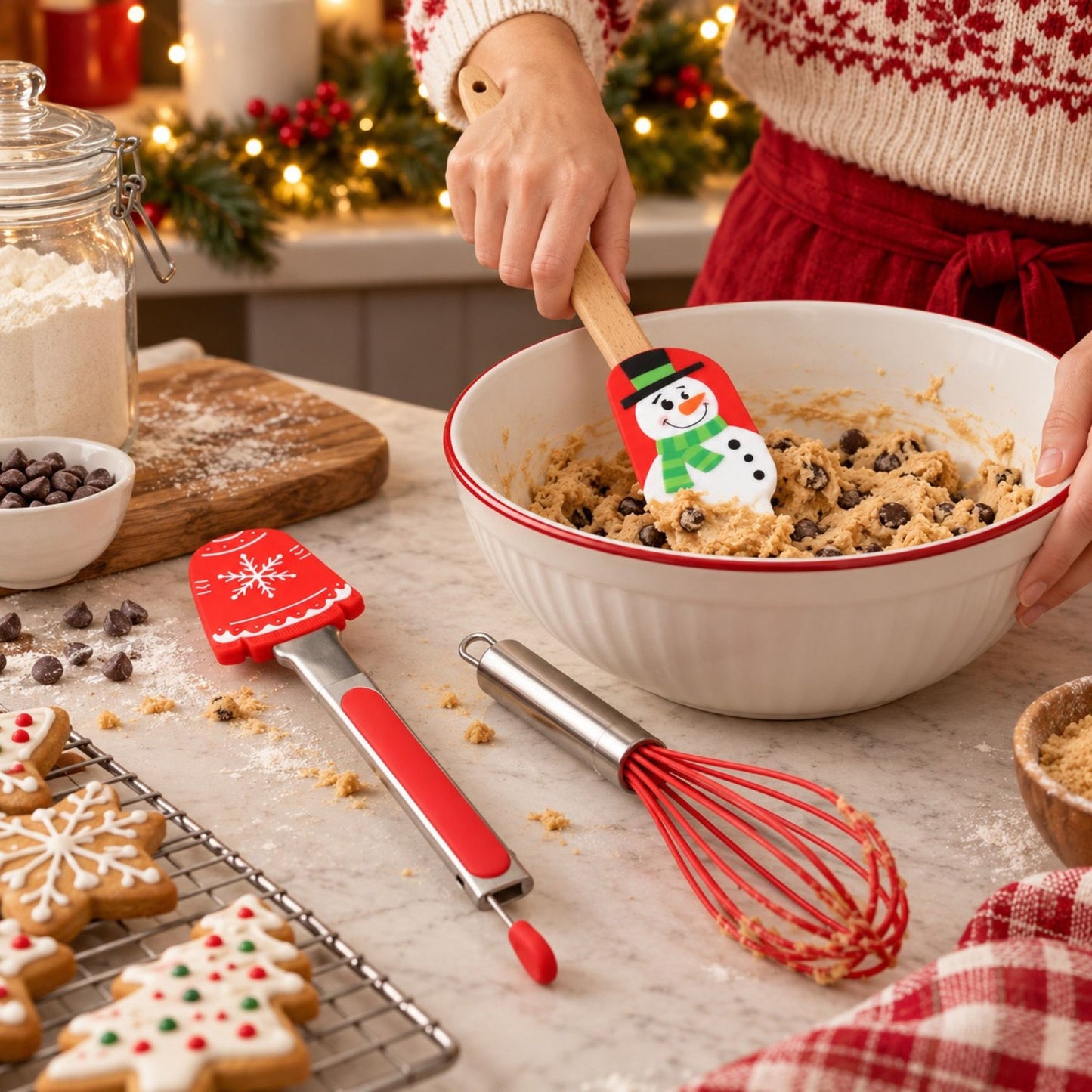 Christmas Baking Tool Set with Rolling Pin Whisk Tongs and Cookie Cutters