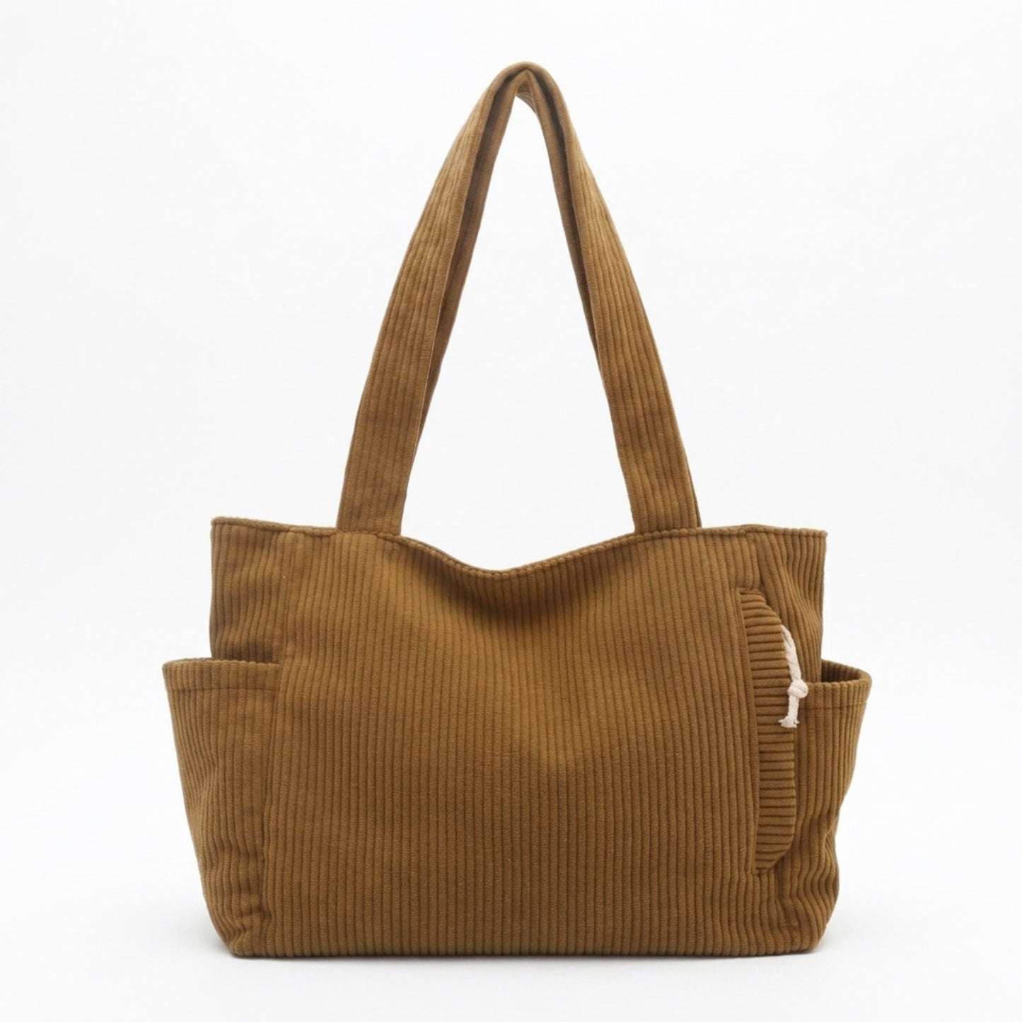 Corduroy Tote Bag Large Capacity Shoulder Bag with Side Pockets and Zipper Closure