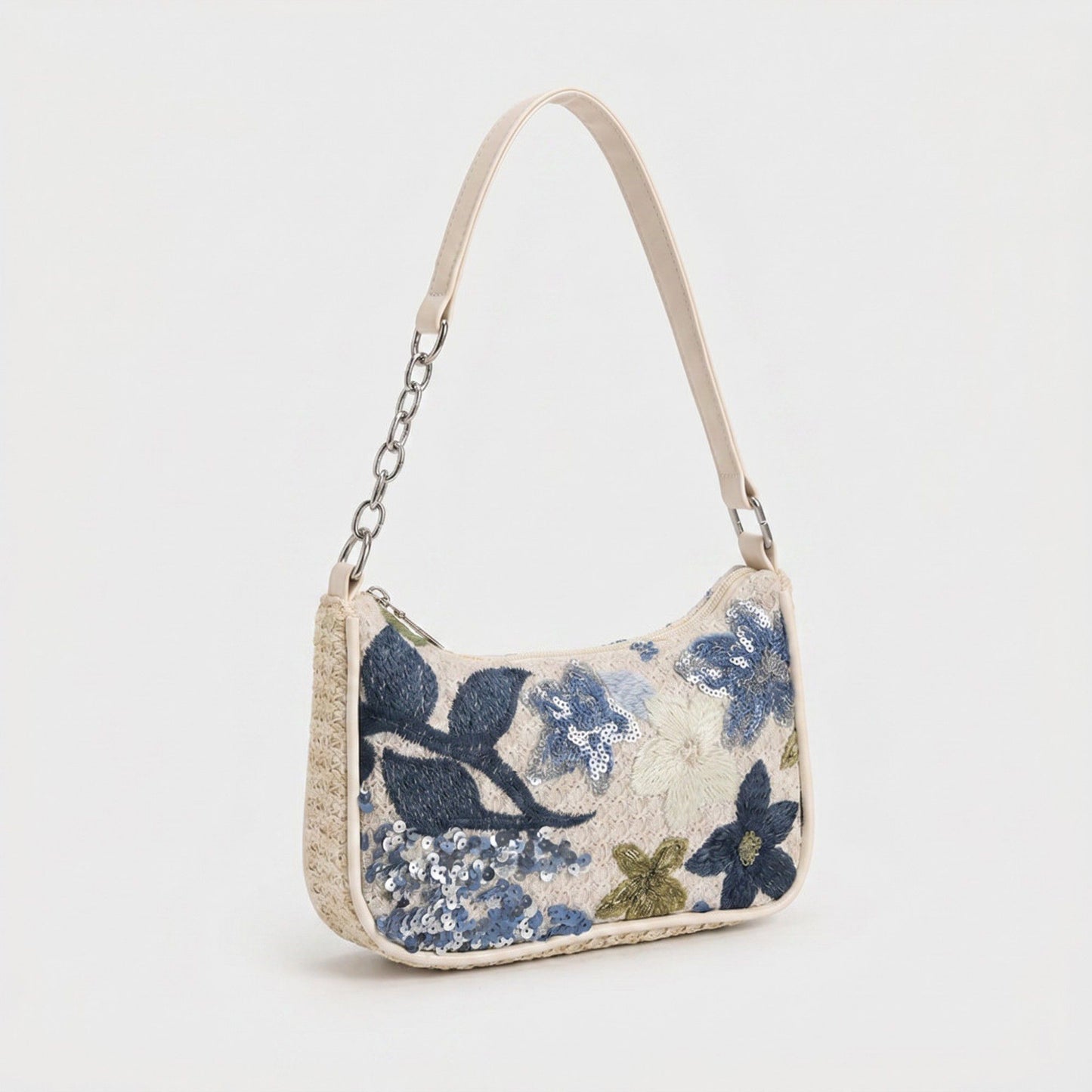 Floral Embroidered Shoulder Bag with Sequin Accents Chain Strap Detail Crescent Handbag 10x5x2.5 in