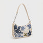 Floral Embroidered Shoulder Bag with Sequin Accents Chain Strap Detail Crescent Handbag 10x5x2.5 in