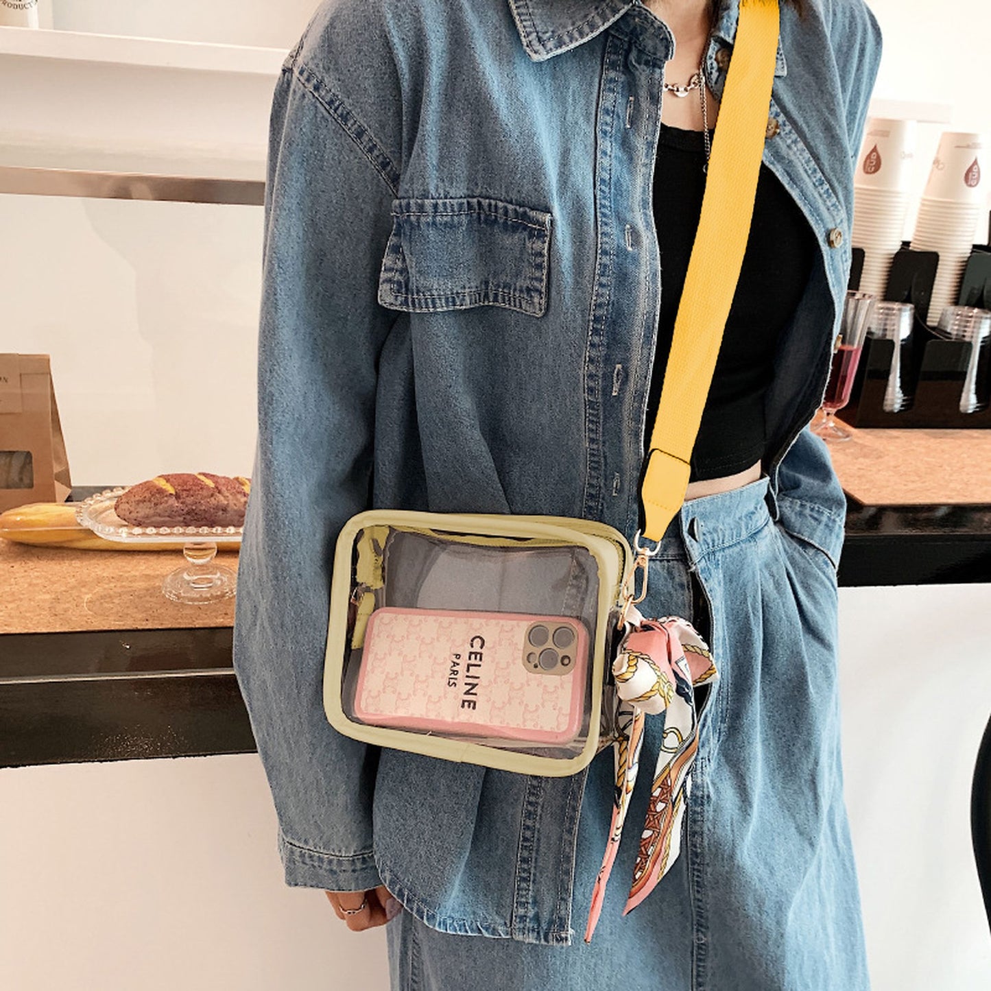 Women's Chic Transparent Crossbody & Messenger Bags with Decorative Scarf
