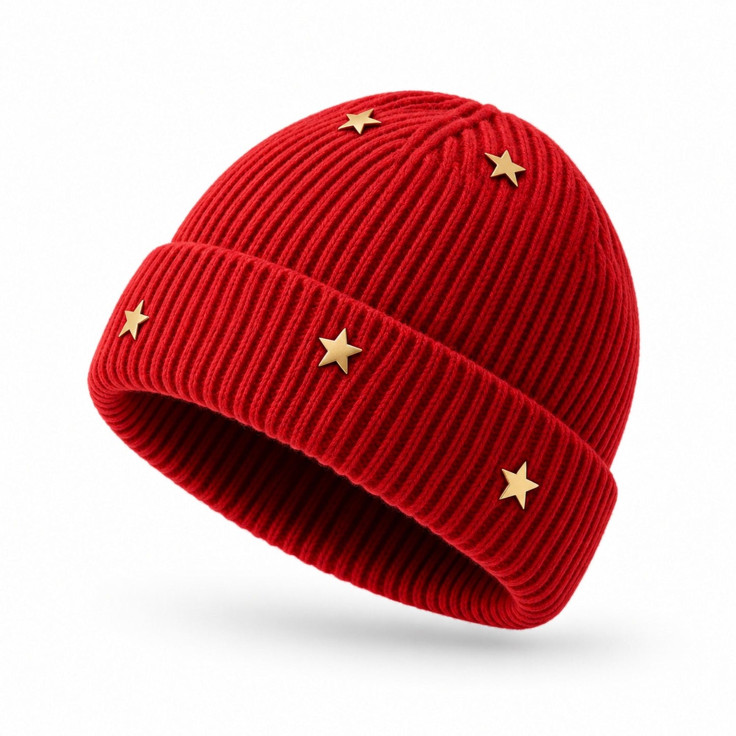 Star Stud Ribbed Knit Beanie Cuffed Winter Hat