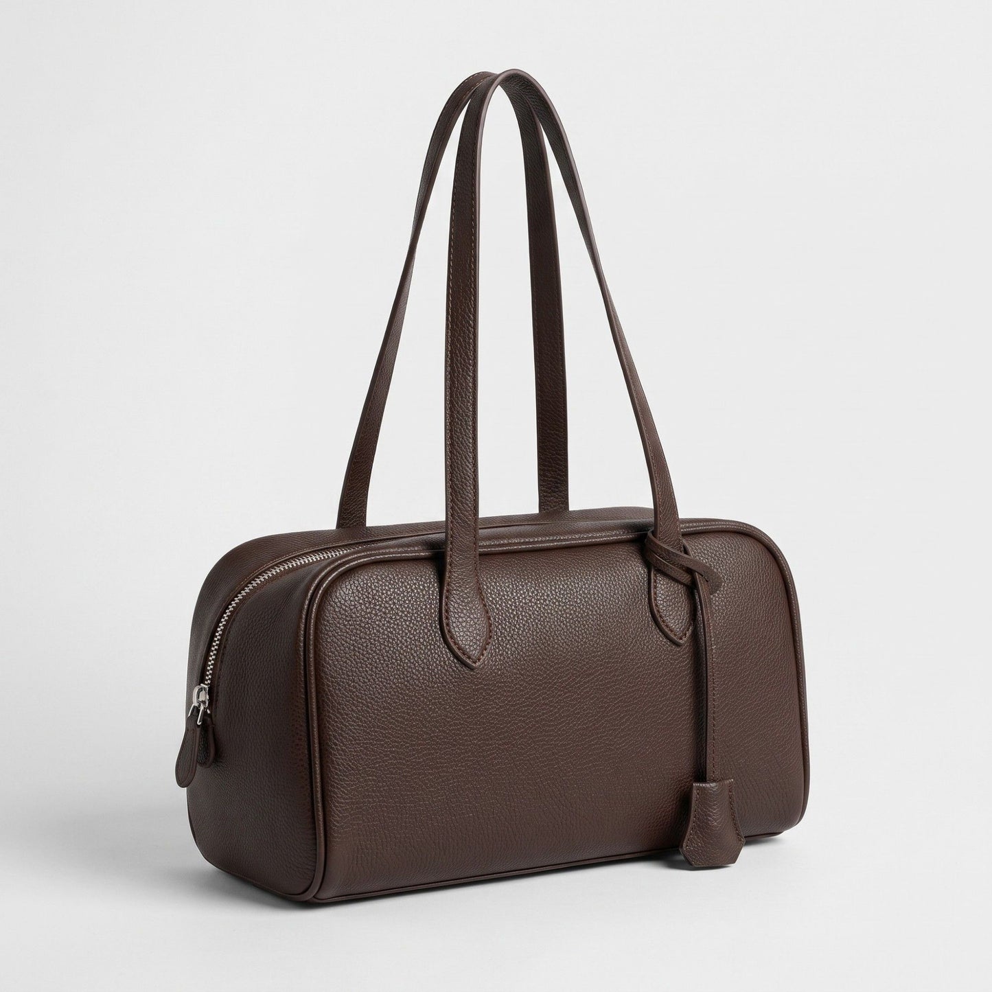 Smooth Grain Rectangular Boston Shoulder Bag with Fixed Long Top Handles & Full Zip Closure 11.8x7.1x4.7in