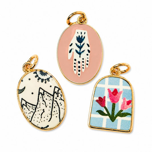 3pc Scenic Artwork Keychain Bag Charm Set with Gold Tone Trim for Bags and Keys