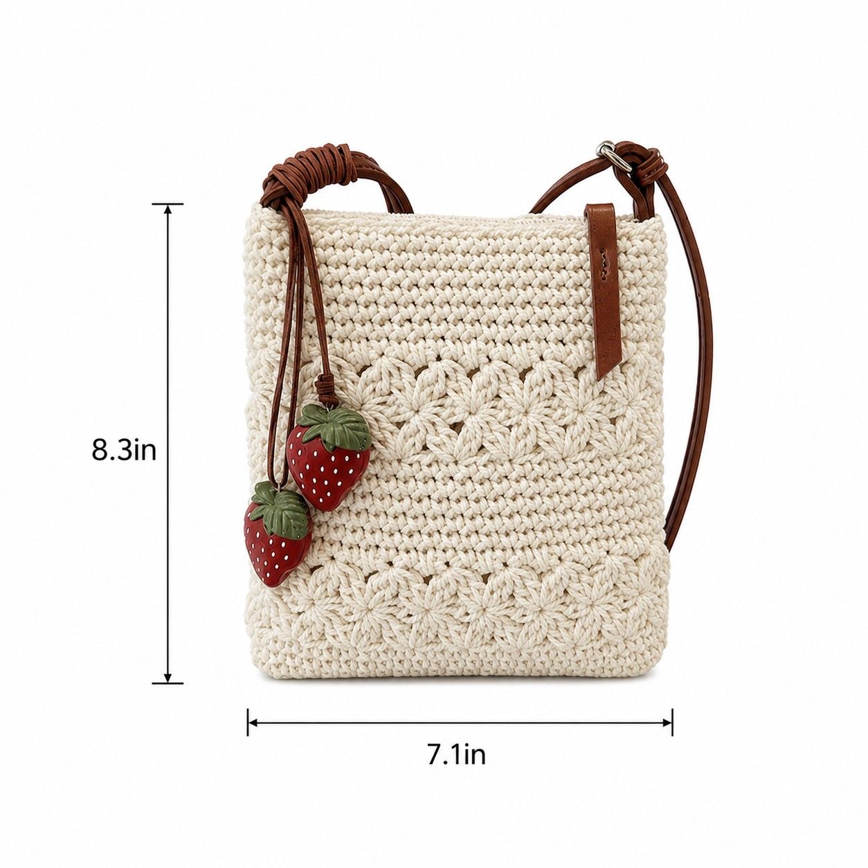 Crochet Crossbody Bag with Strawberry Charm, Adjustable Strap and Zip Closure