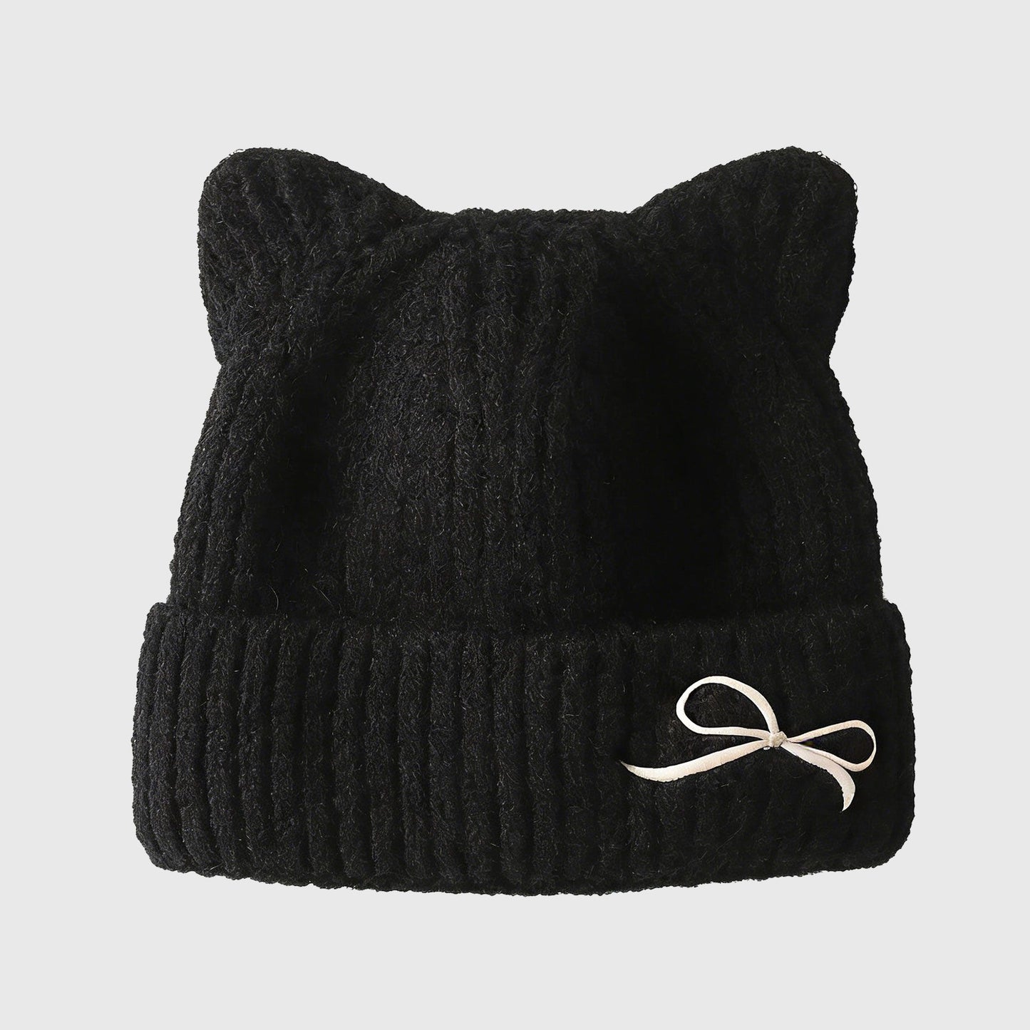 Cat Ear Knit Beanie - Fluffy Faux Fur Hat with Bow Embroidery
