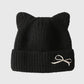 Cat Ear Knit Beanie - Fluffy Faux Fur Hat with Bow Embroidery