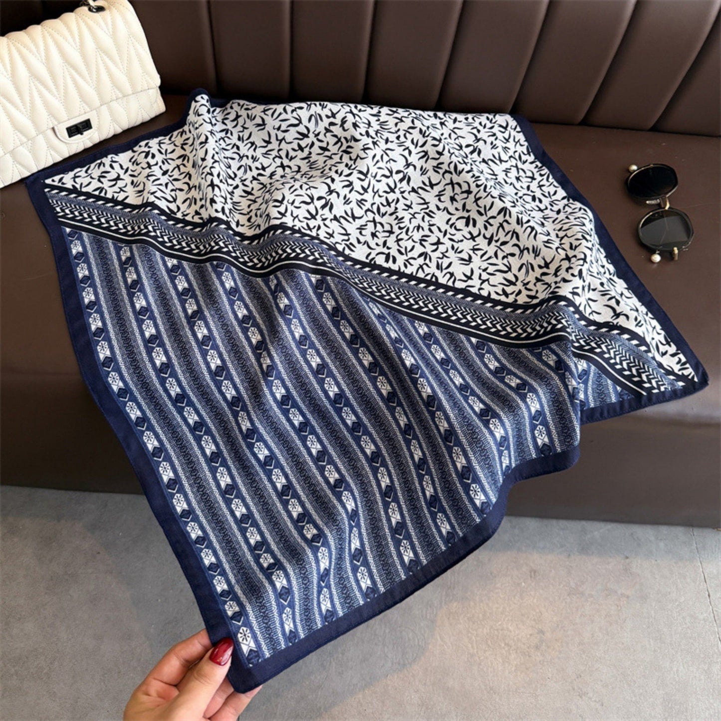 Geometric and Leaf Print Satin Square Scarf with Contrasting Patterns 27x27in