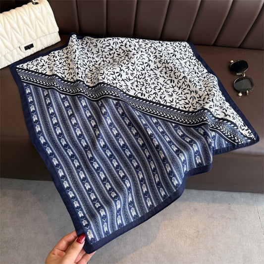 Geometric and Leaf Print Satin Square Scarf with Contrasting Patterns 27x27in