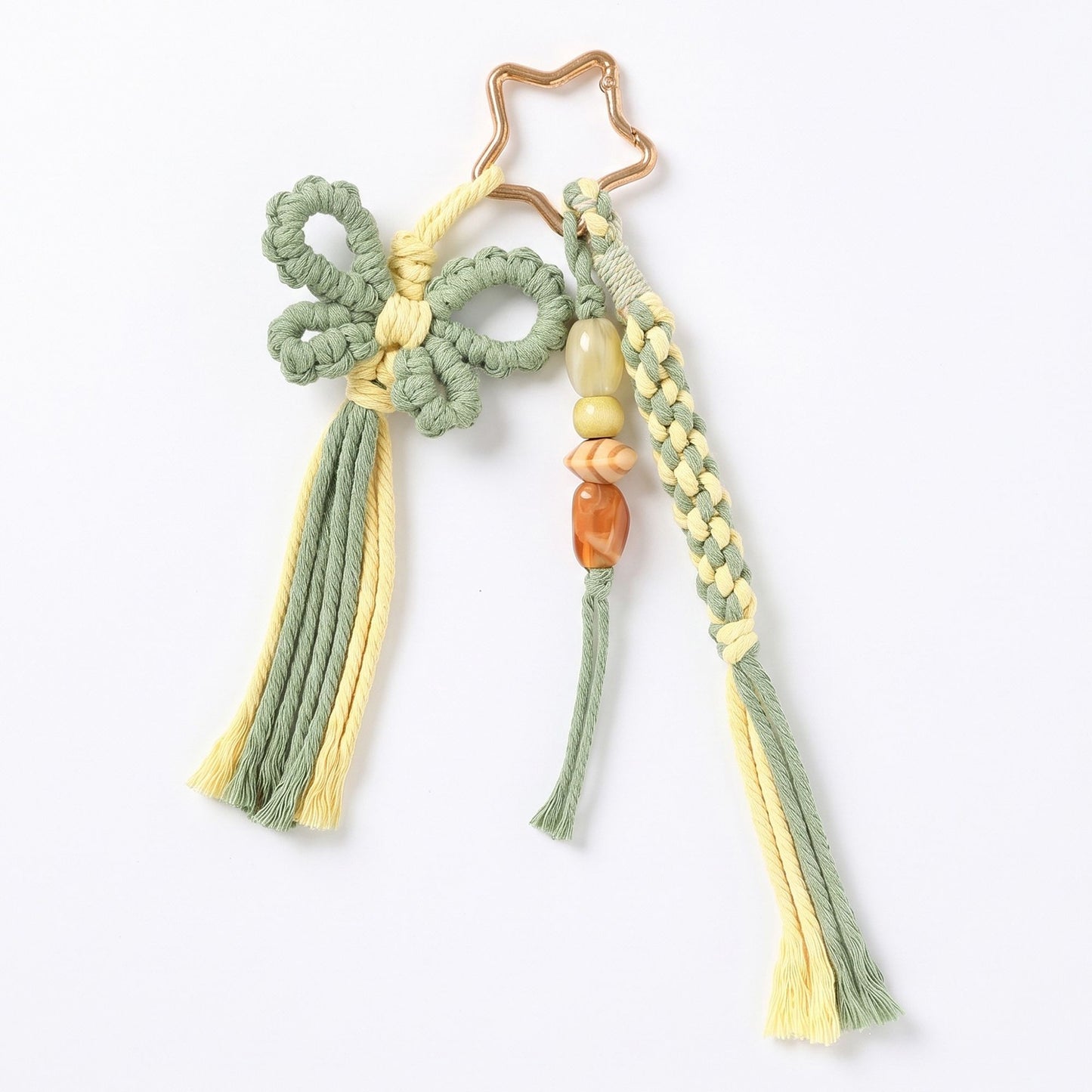 Green Macrame Flower Bag Charm with Beads Tassels Braided Cord and Star Clip