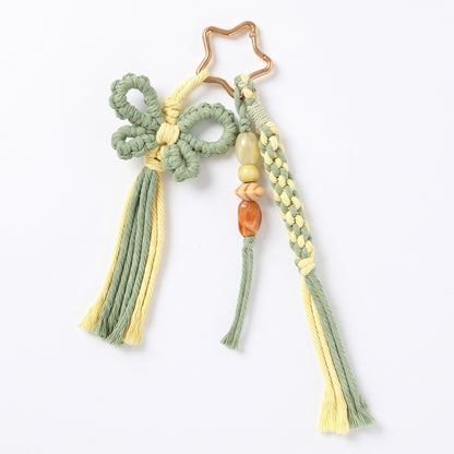 Green Macrame Flower Bag Charm with Beads Tassels Braided Cord and Star Clip