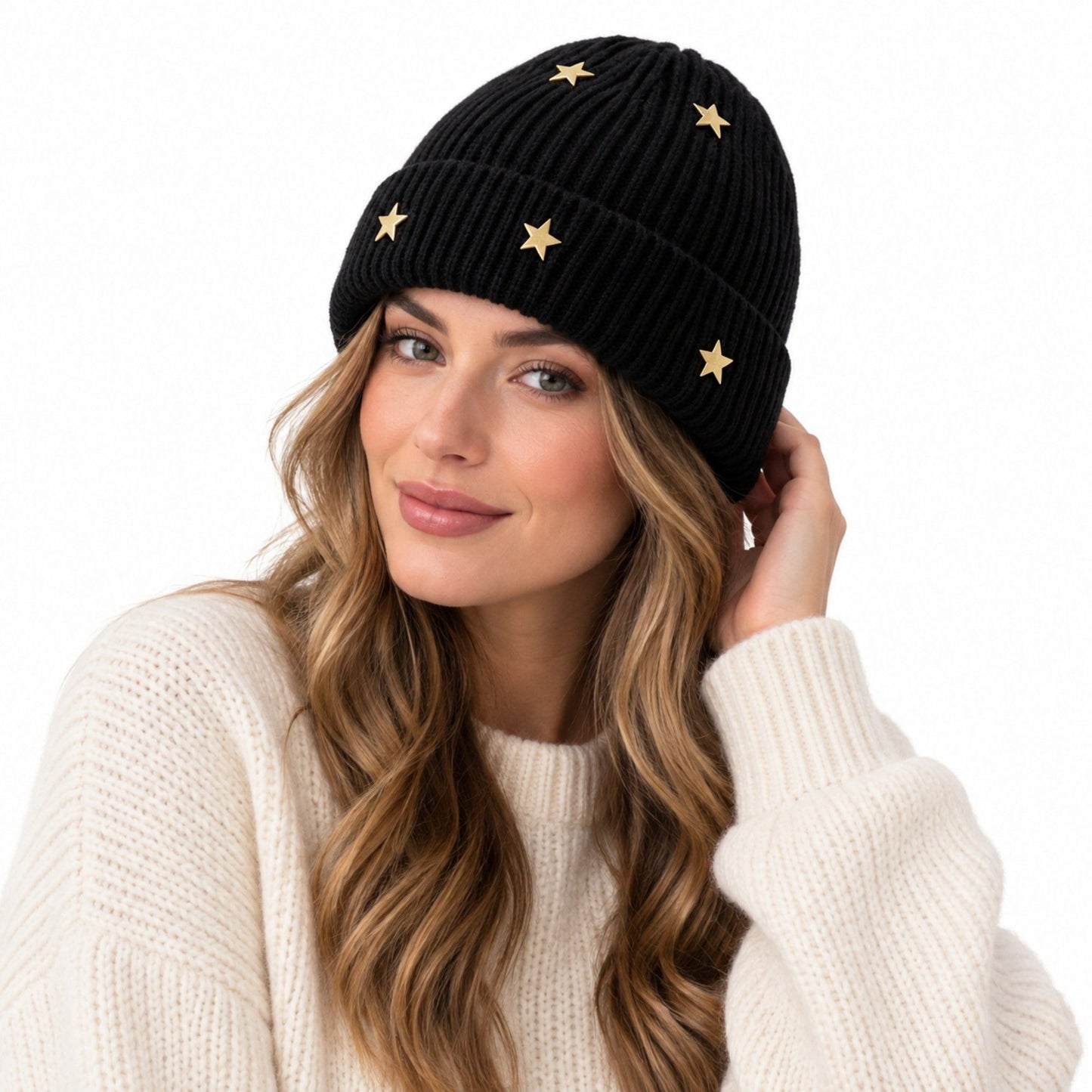Star Stud Ribbed Knit Beanie Cuffed Winter Hat