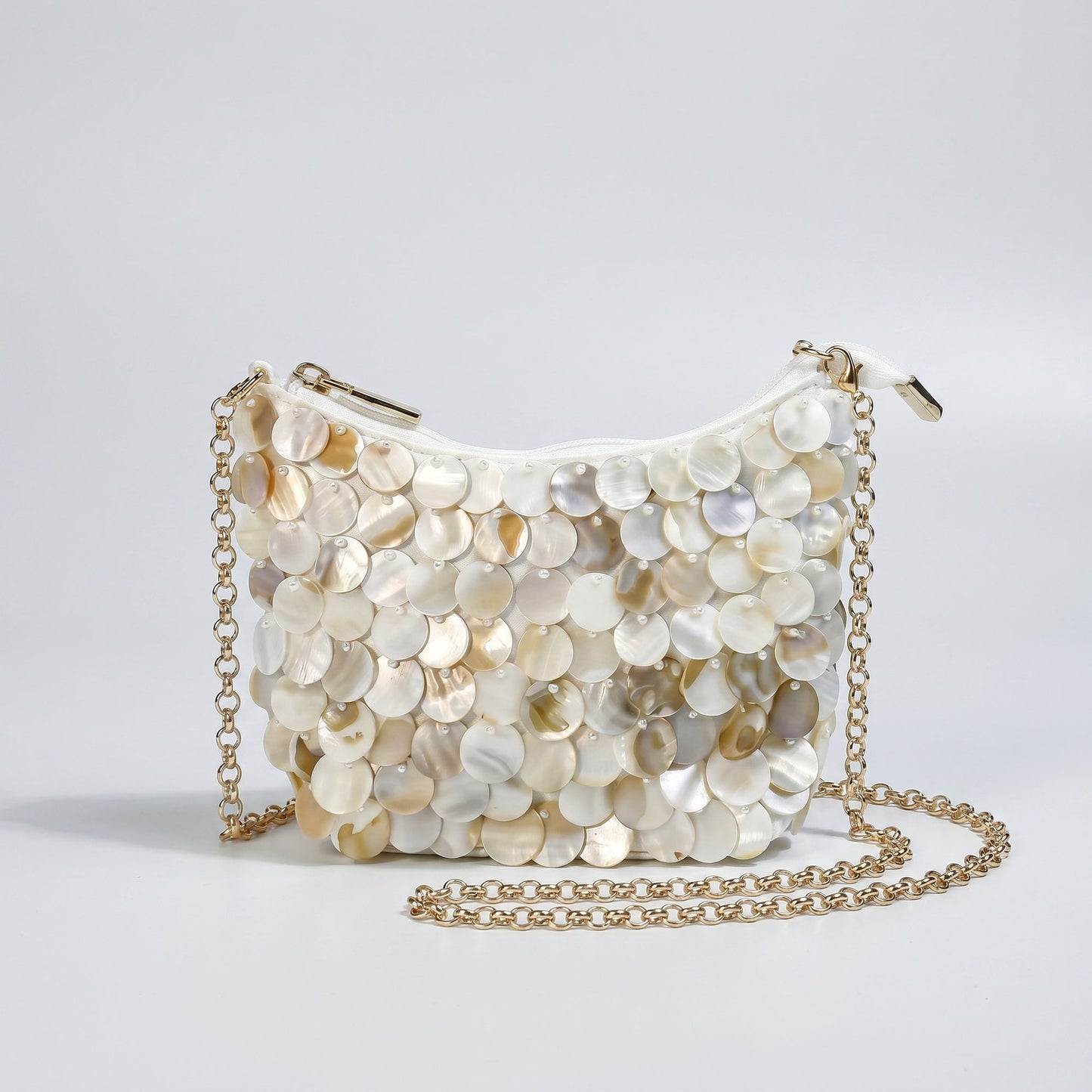 Paillette Crossbody Bag with Chain Strap Top Zip Closure Textured Disc Details