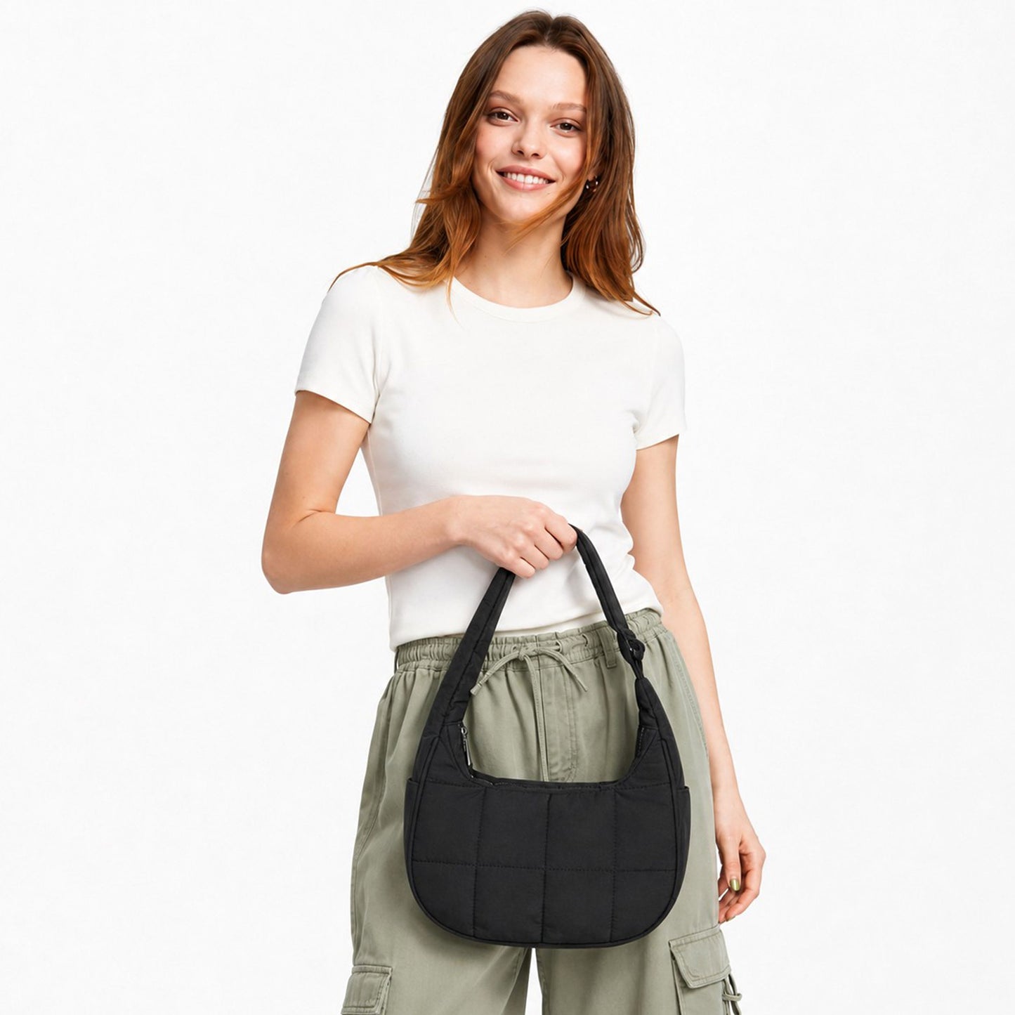Quilted Nylon Hobo Shoulder Bag with Adjustable Strap and Multiple Pockets