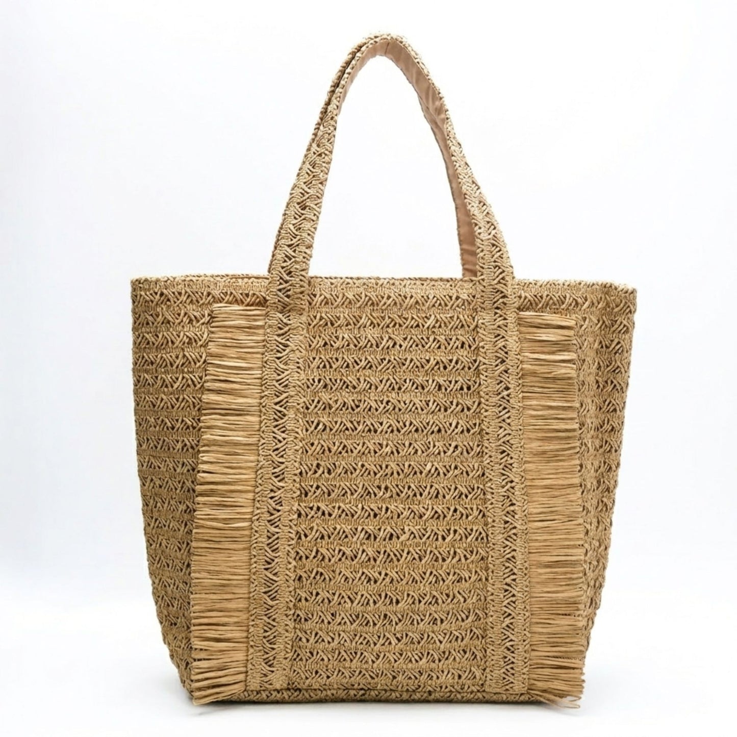 Woven Tote Bag with Fringe Detail and Shoulder Handles