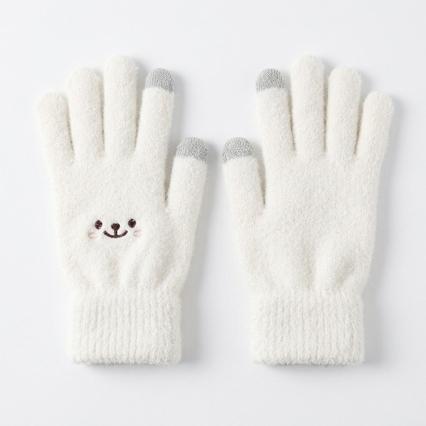 Fuzzy Knit Touchscreen Gloves with Embroidered Smiley Face