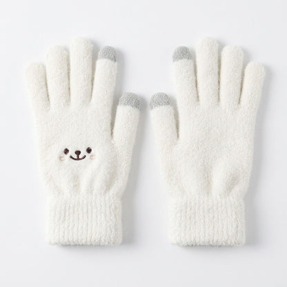 Fuzzy Knit Touchscreen Gloves with Embroidered Smiley Face