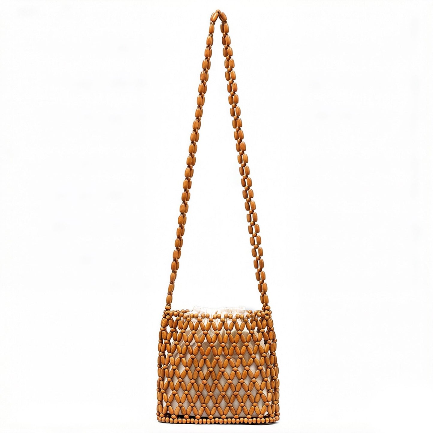 Beaded Crossbody Mini Bag with Long Strap Open Weave Wooden Bead Shoulder Purse Lightweight Small Handbag