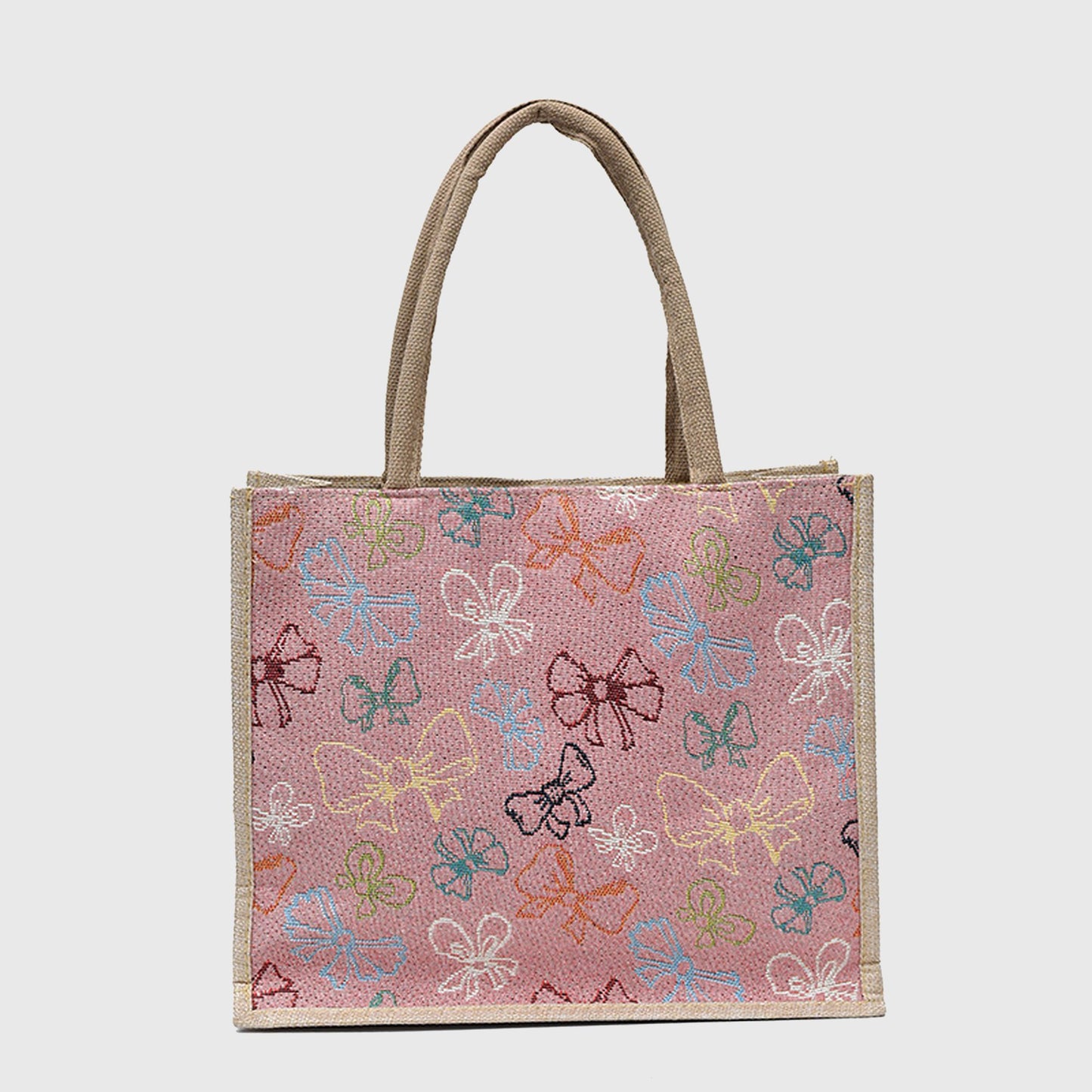 Canvas Tote Bag with Colorful Bow Print - Lightweight Shopping Handbag