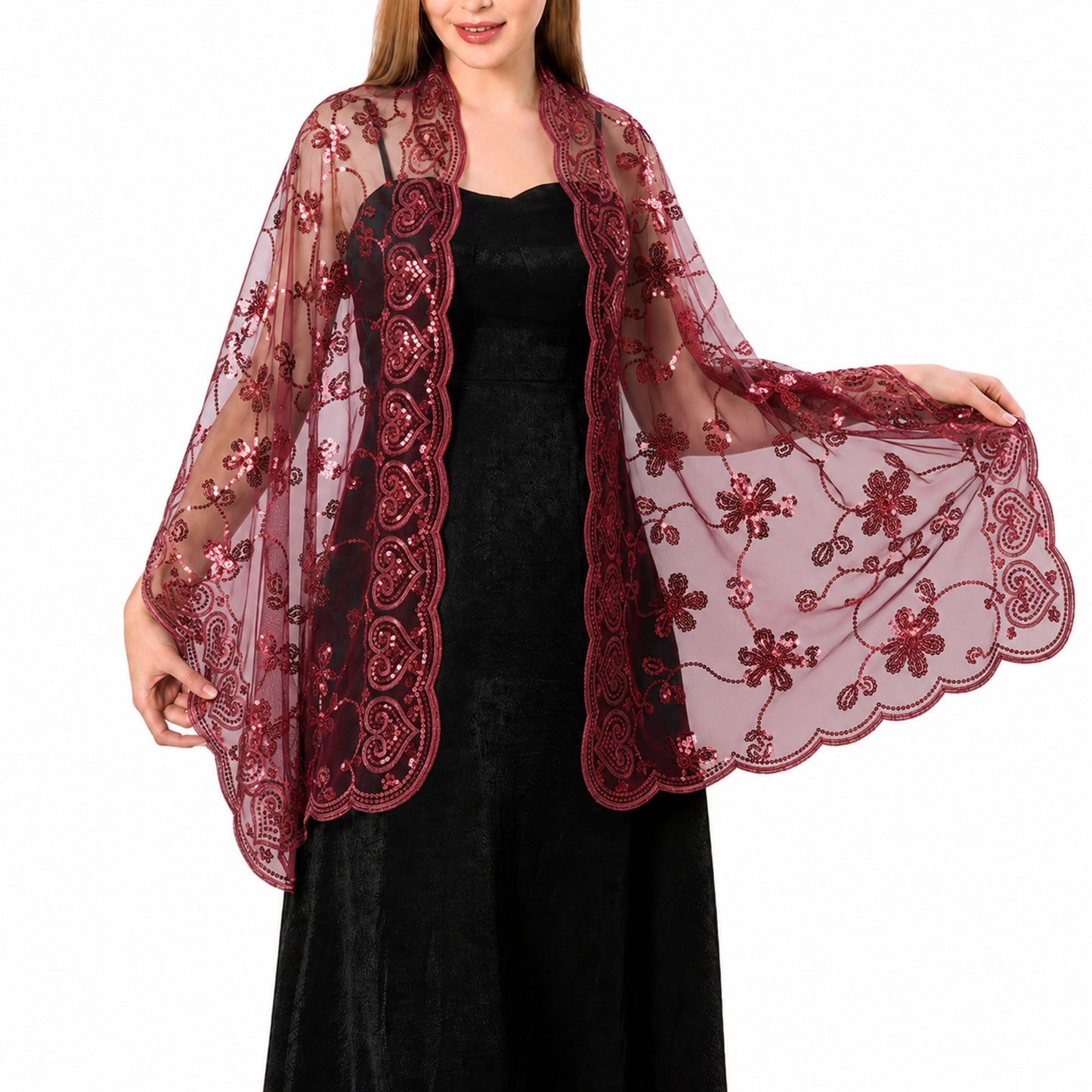 Embroidered Sequin Mesh Shawl Wrap Sheer Floral Scarf Scalloped Edge